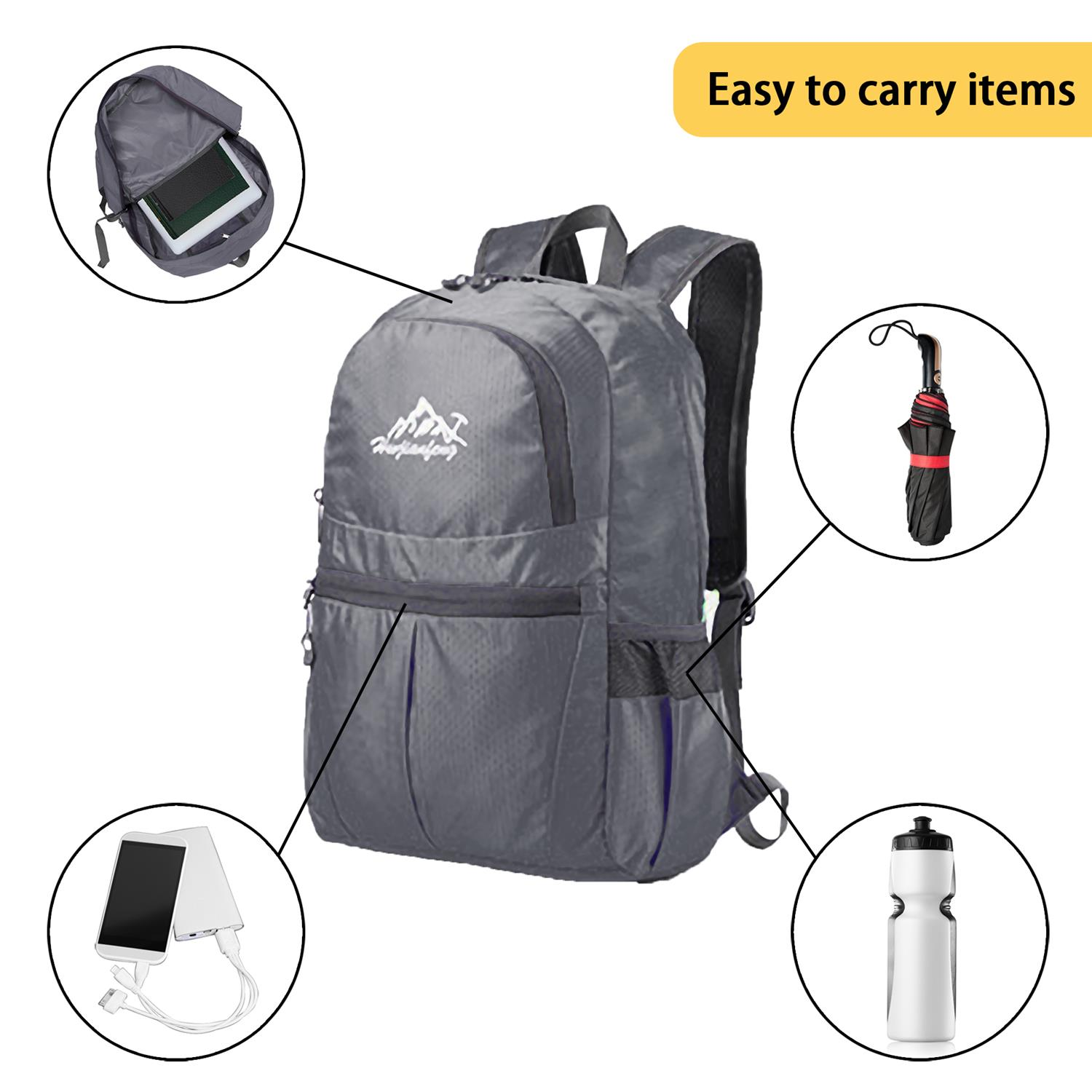 Ein grauer Rucksack mit Gegenständen wie Tablet, Regenschirm und Wasserflasche befestigt.