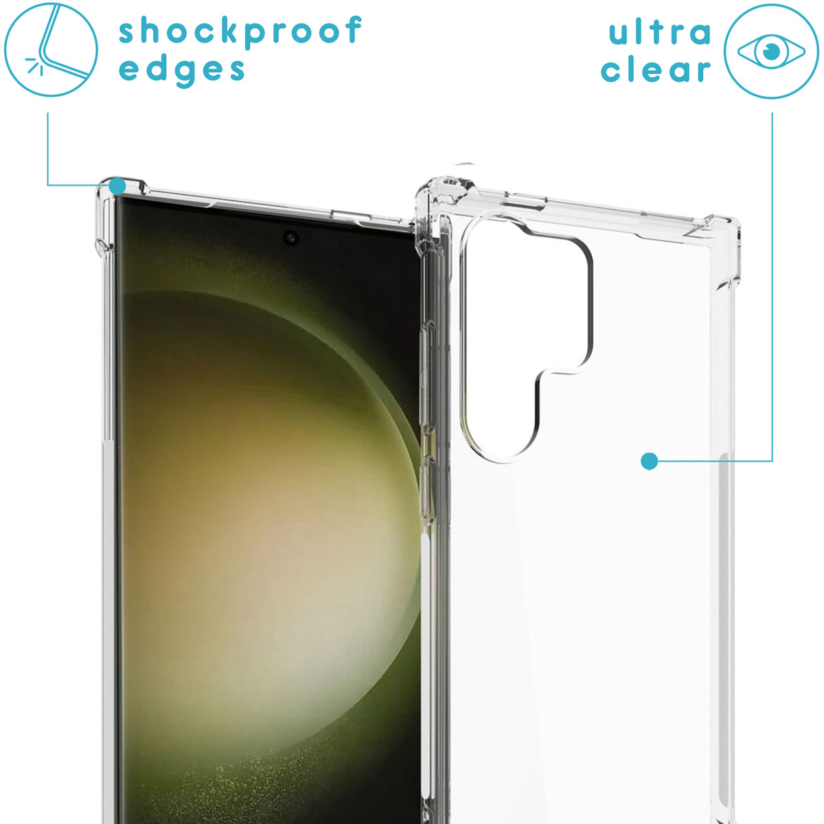 Un étui de téléphone transparent montre des bords antichocs et des caractéristiques ultra claires.