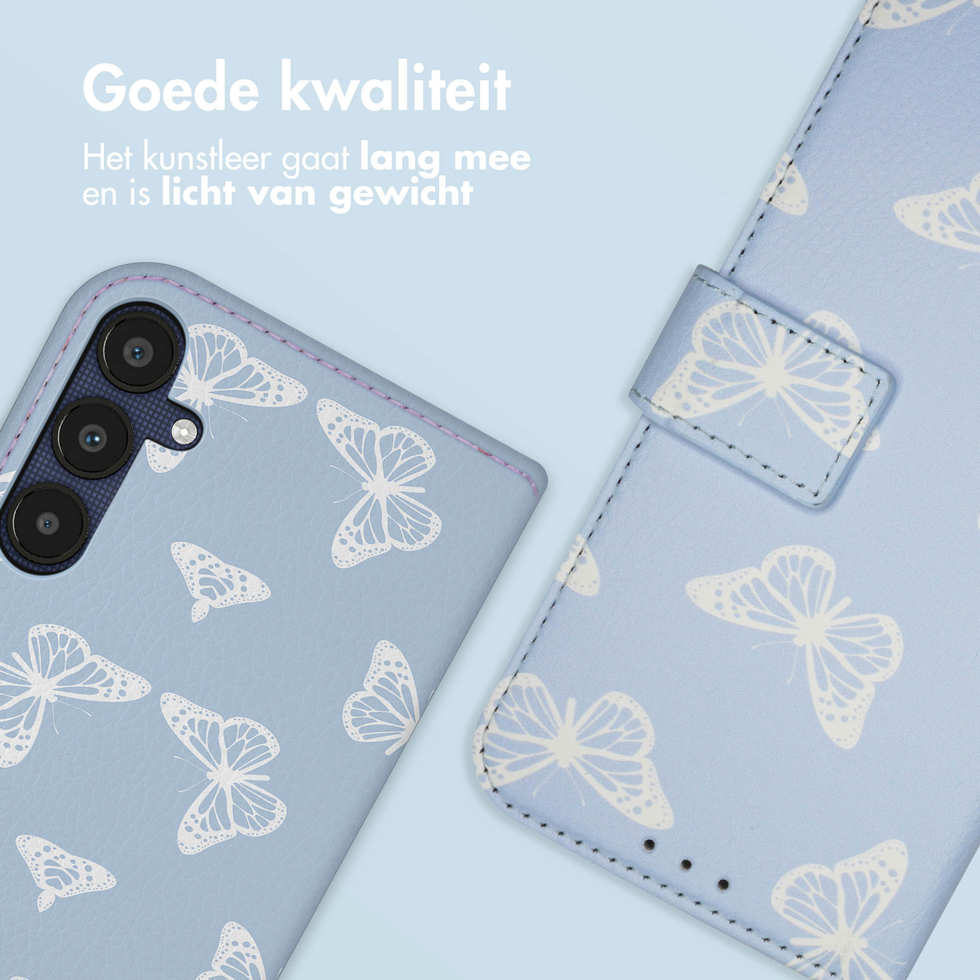 Blauw telefoonhoesje met vlinderpatroon. Lichtblauwe achtergrond.