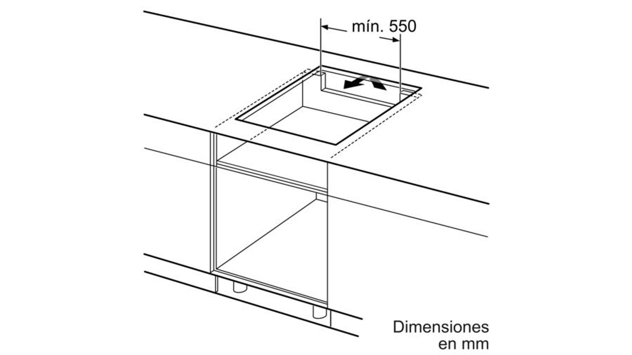Schemat pokazujący wymiary do montażu płyty grzewczej, w tym minimalną szerokość 550 mm.