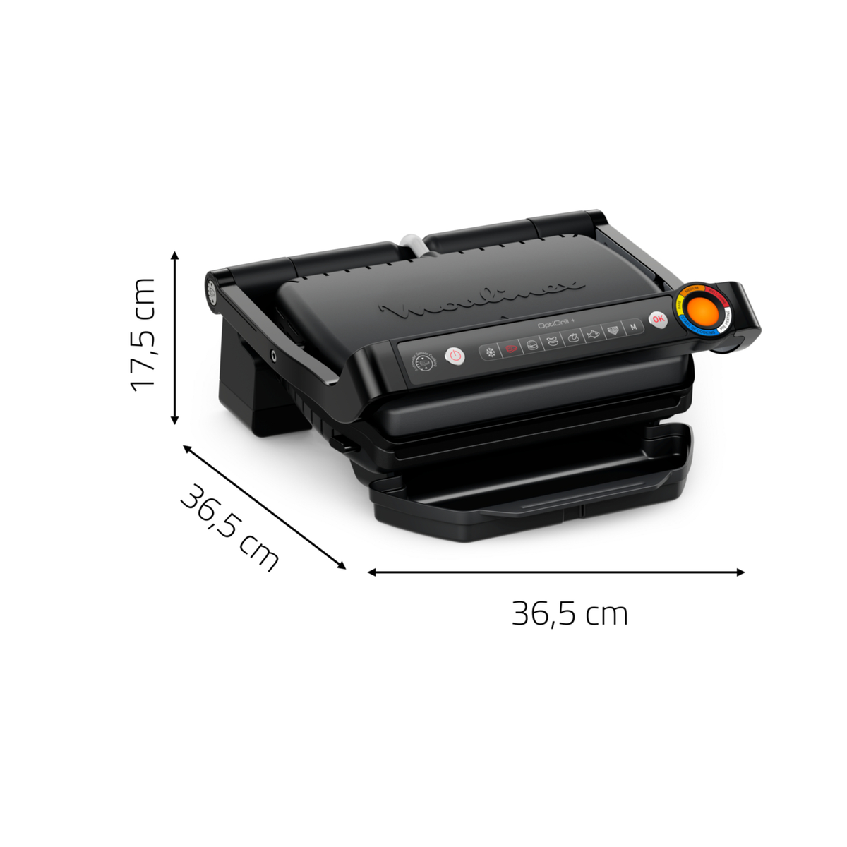 Parrilla Moulinex negra con dimensiones en cm.