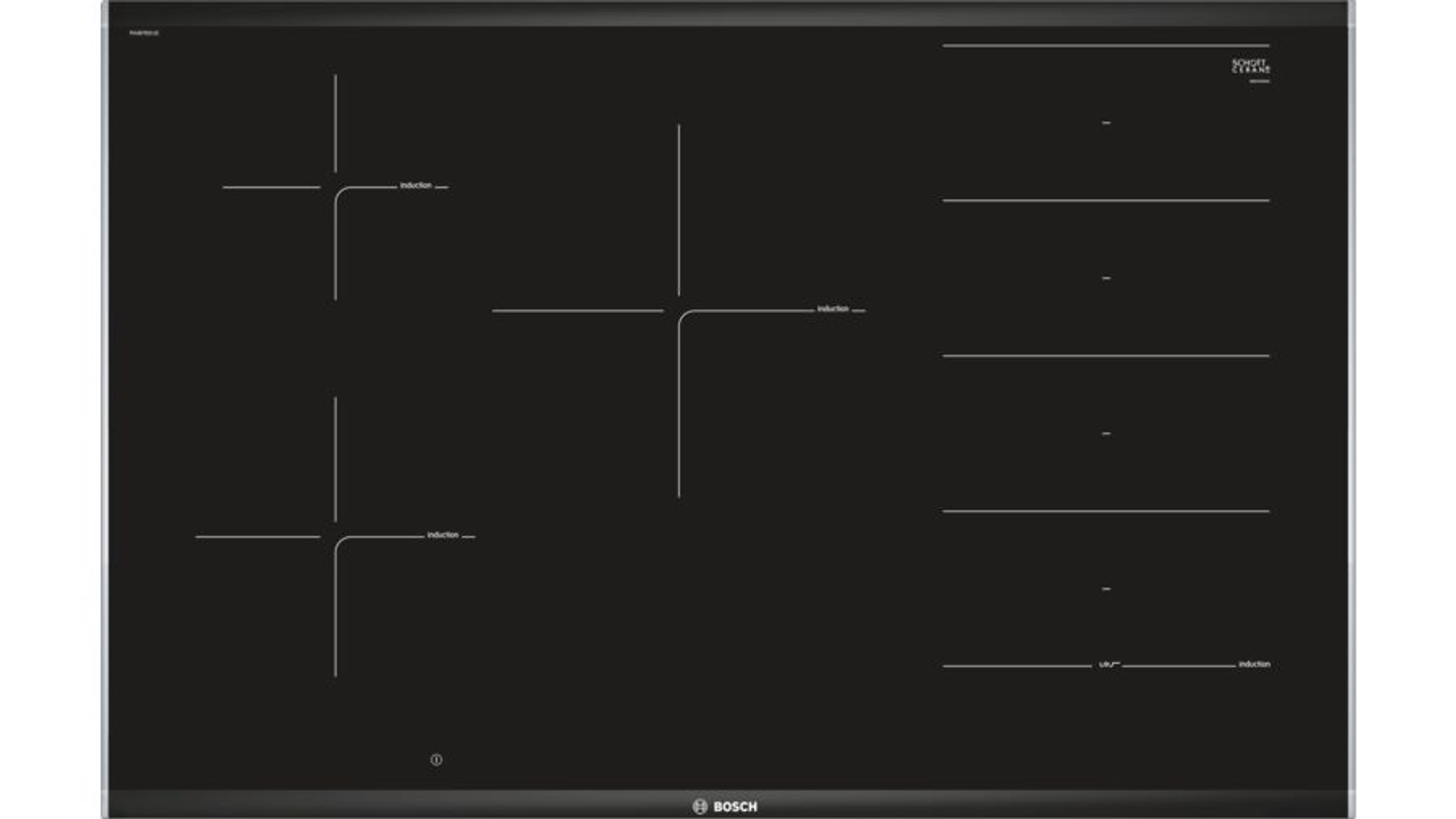 Czarna płyta indukcyjna z białymi liniami oznaczającymi strefy gotowania.