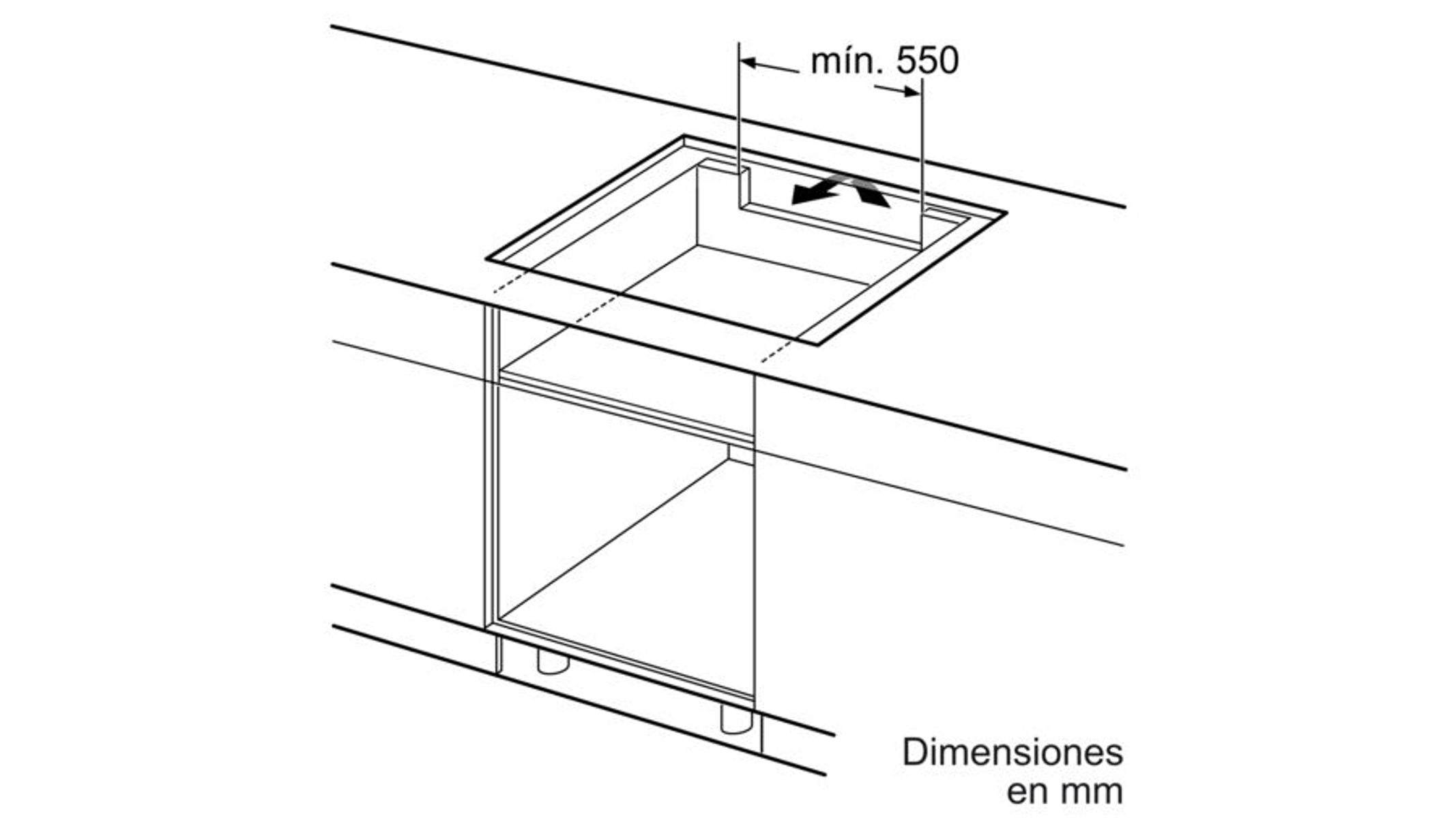 Schemat wycięcia płyty grzewczej z wymiarami w milimetrach, min. 550 mm.