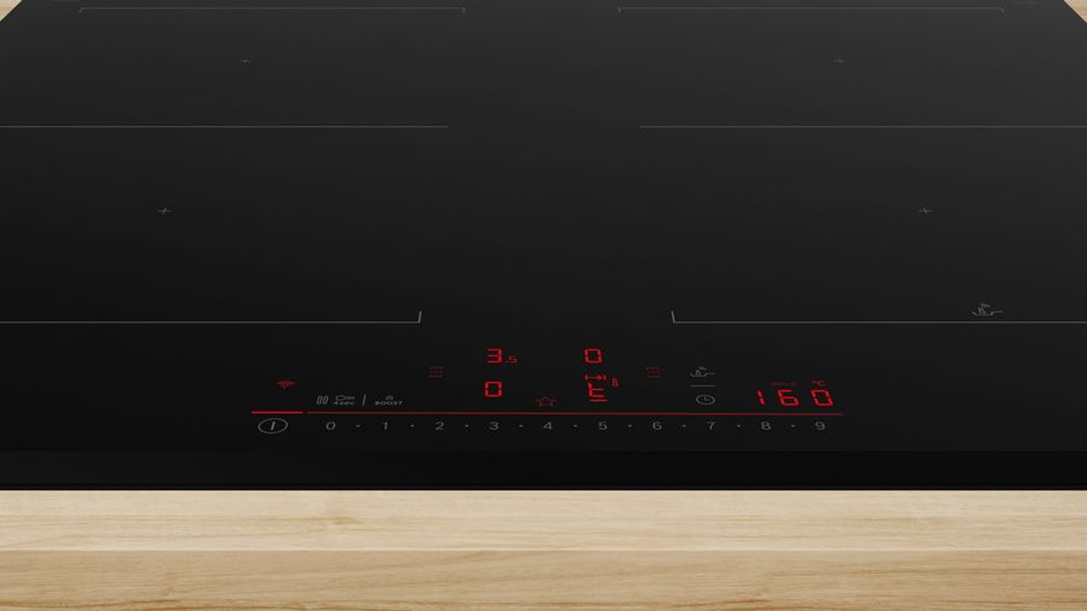 Czarna płyta indukcyjna z cyfrowym wyświetlaczem i sterowaniem dotykowym. Powierzchnia jest czysta i elegancka.