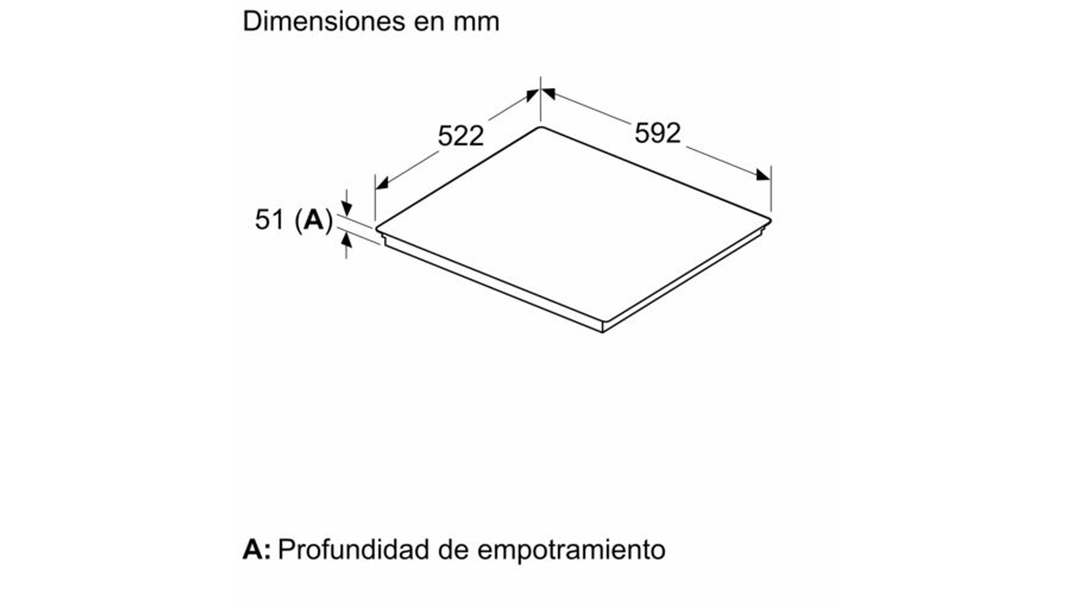Schemat kwadratowej płyty grzewczej, z wymiarami w milimetrach i głębokością instalacji.