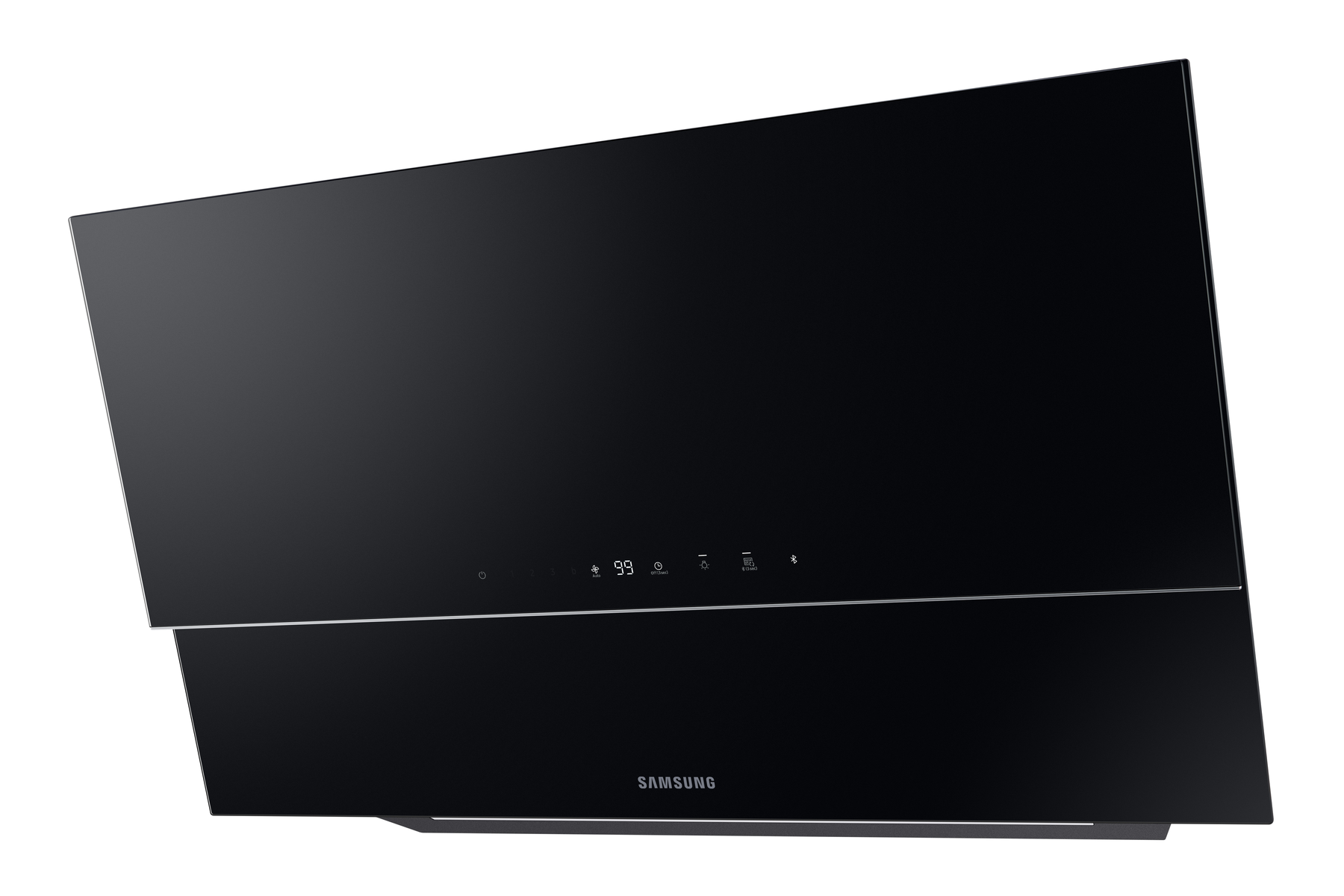 Una cappa nera ed elegante con display digitale e il logo Samsung.