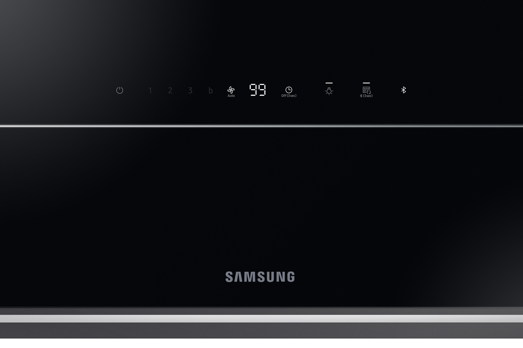 Un pannello di controllo per elettrodomestici da cucina nero con display digitale e vari pulsanti touch. Samsung.
