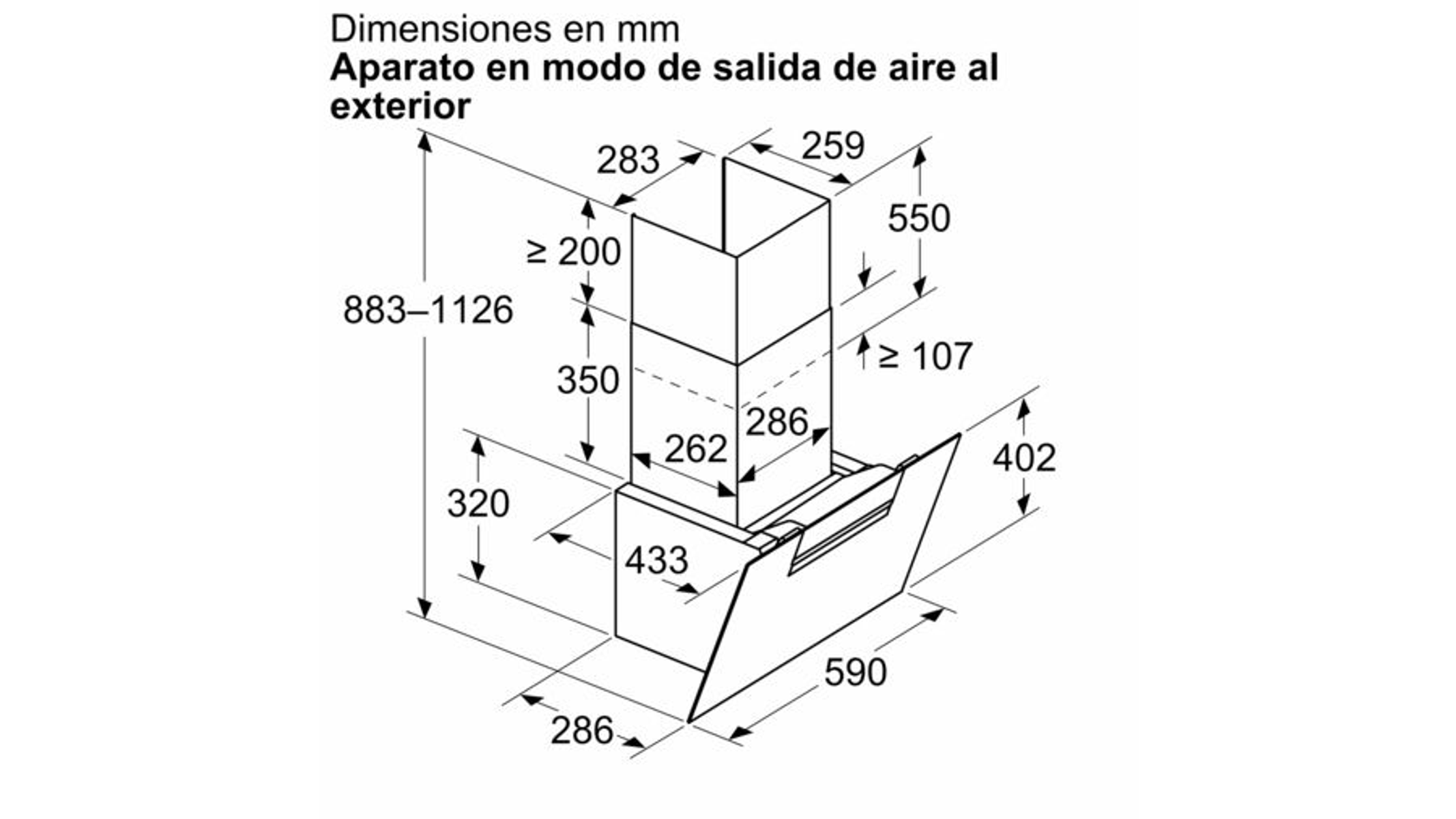 Schemat przedstawiający wymiary okapu kuchennego z adnotacjami w języku hiszpańskim.