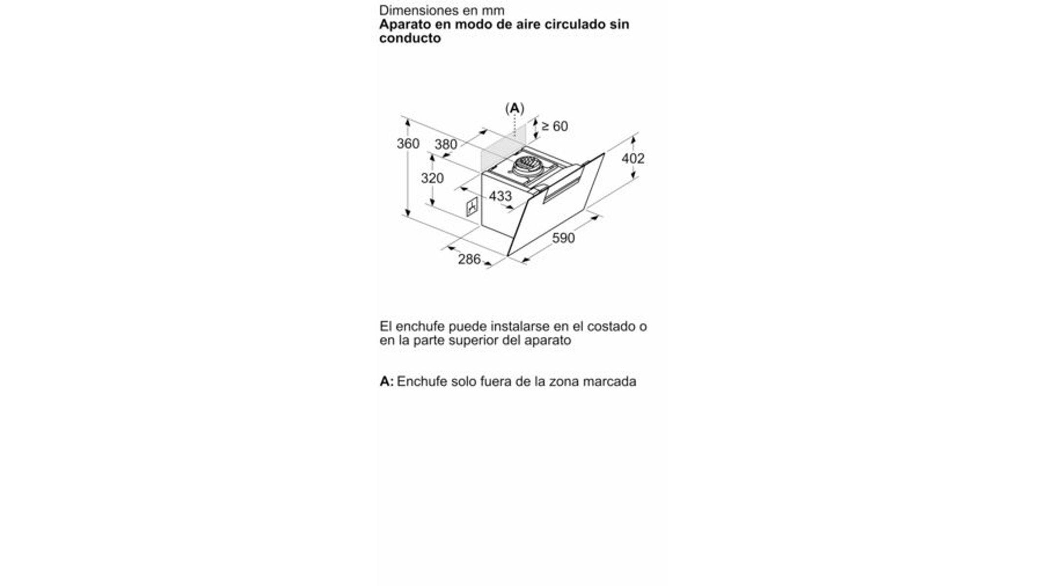 Rysunek techniczny okapu kuchennego z wymiarami i etykietami w języku hiszpańskim.