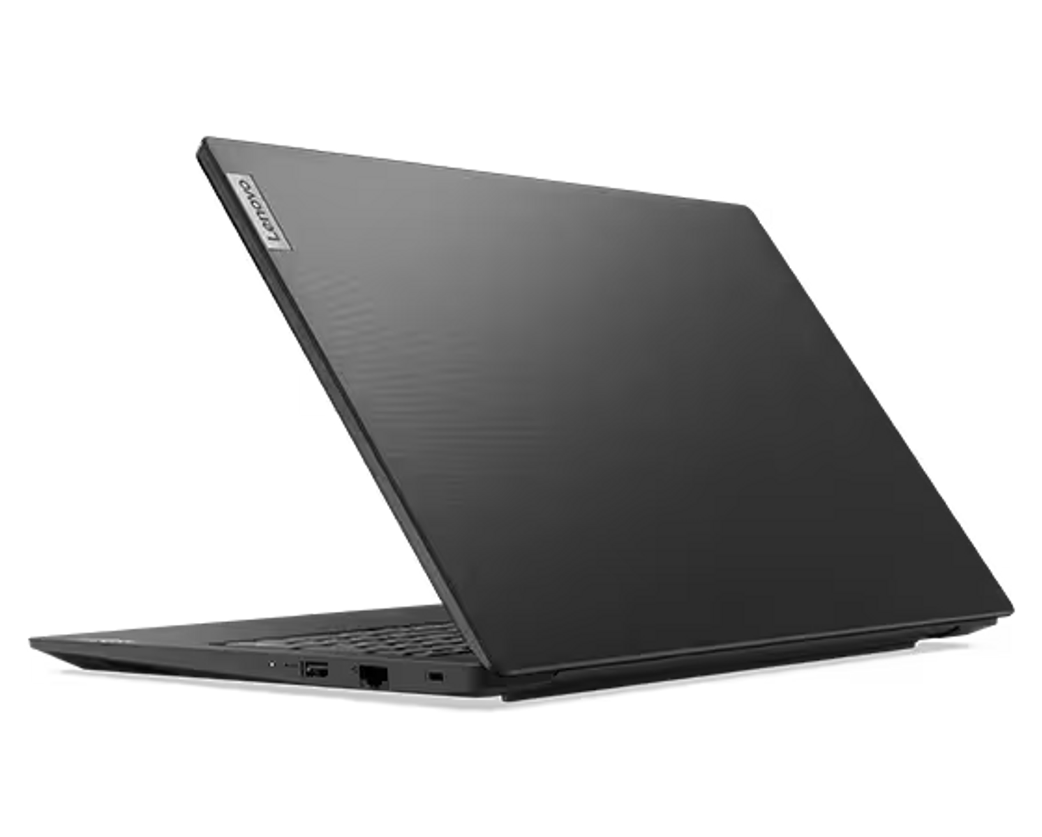 Czarny laptop Lenovo otwarty, pokazujący ekran i klawiaturę, na czarnym tle.