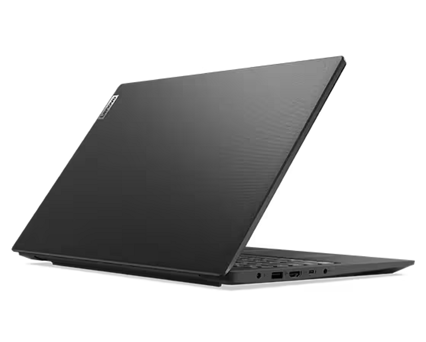 Czarny laptop, widok z tyłu pod kątem, ekran częściowo otwarty.