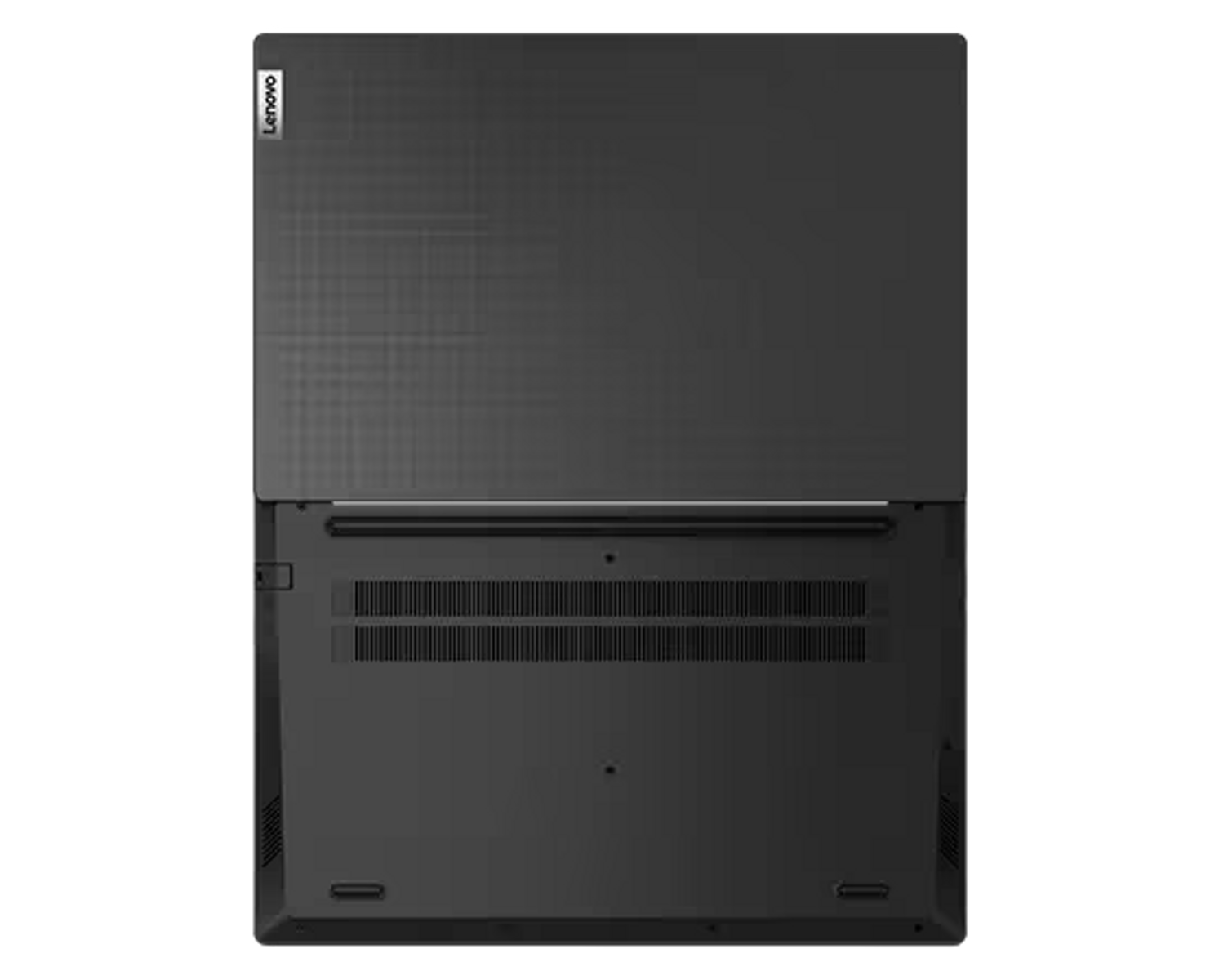 Czarny laptop Lenovo, widok z góry. Zamknięty. Teksturowana pokrywa, gładkie dno. Czarne tło.