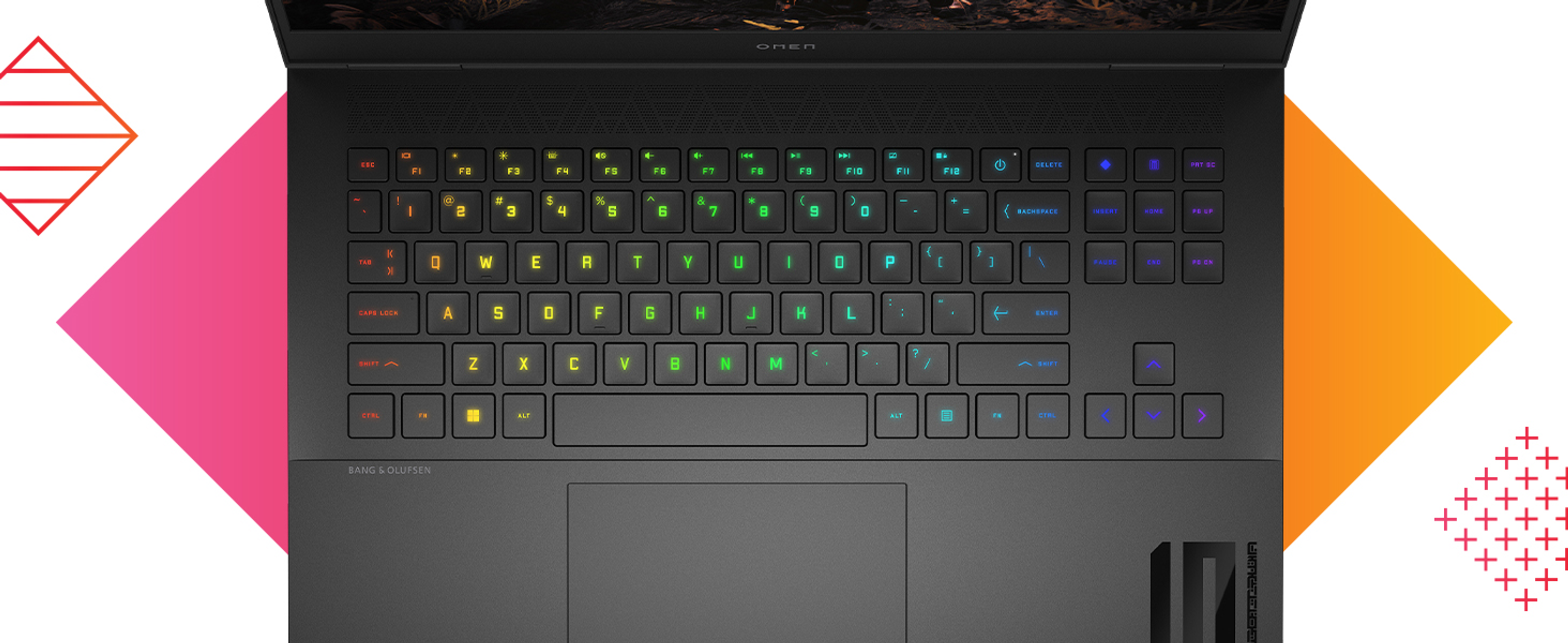 Vista superior de un teclado de laptop. El teclado tiene iluminación colorida.