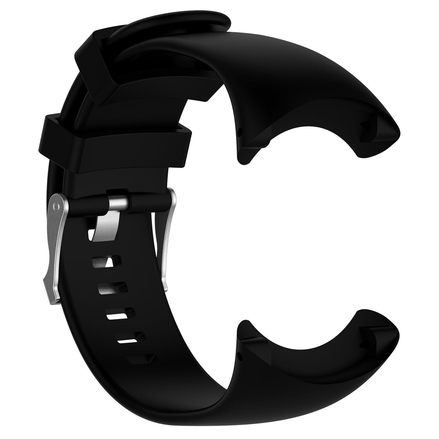 Bracelet de montre noir avec fermoir argenté, design incurvé, fond blanc.