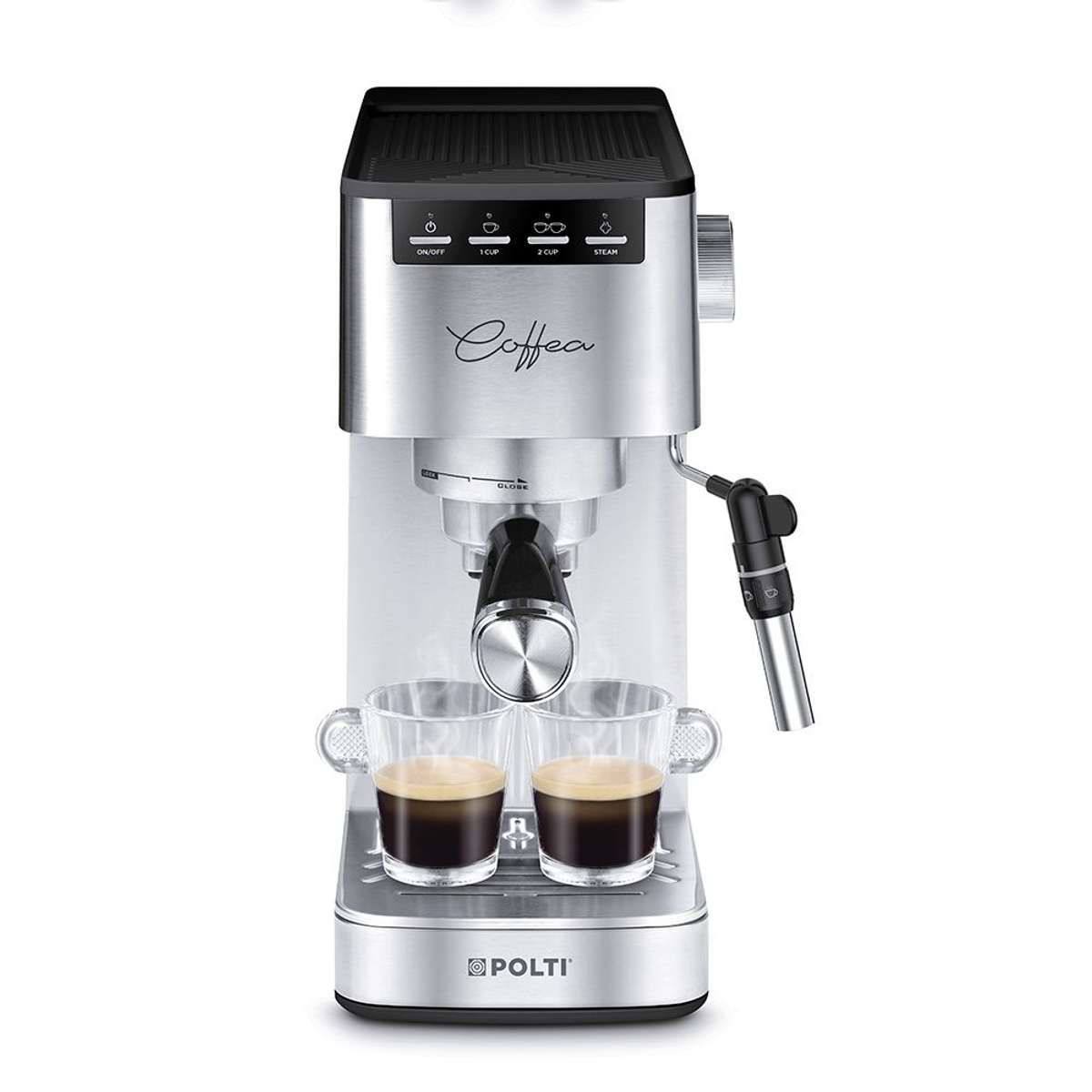 Macchina per espresso argento con due tazze di caffè. Comandi in alto, lancia vapore a destra, tazze trasparenti.