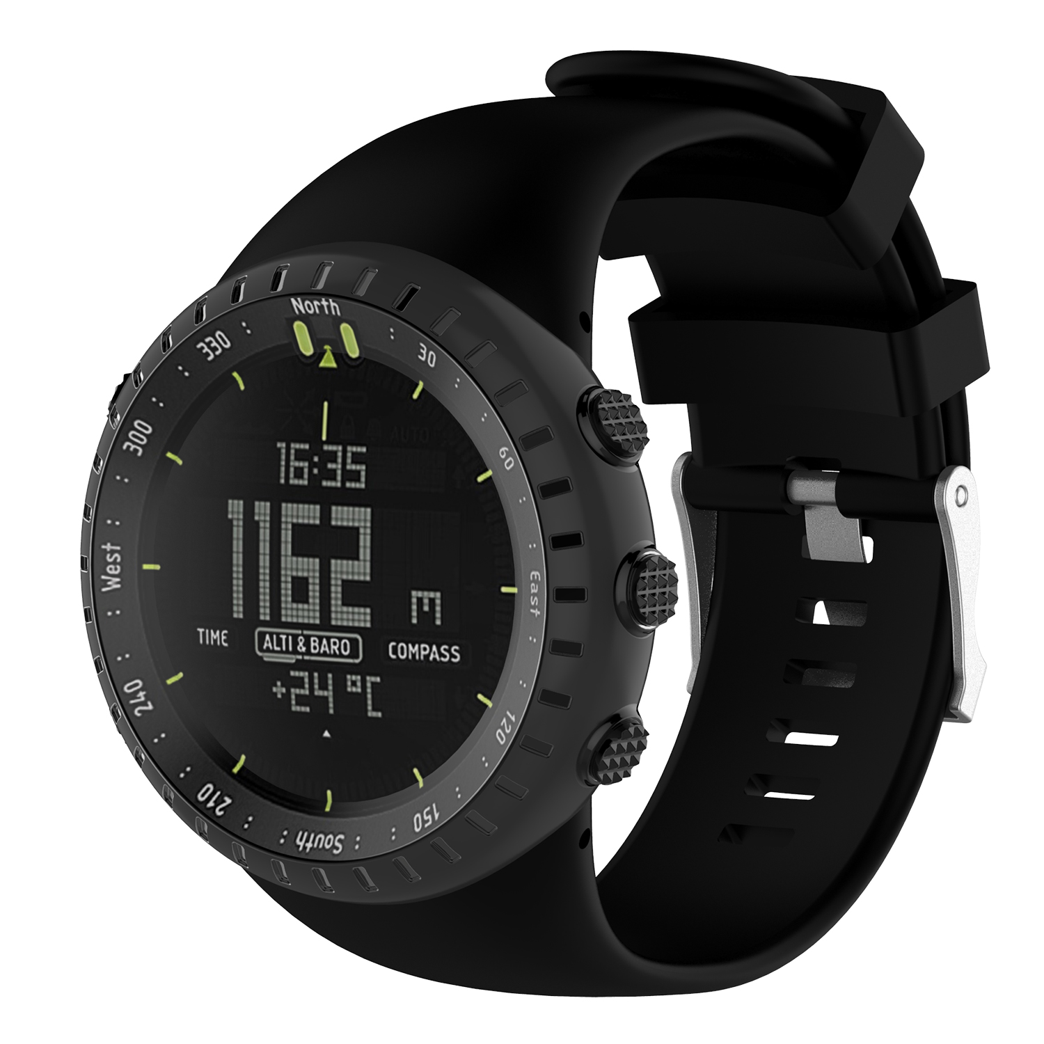 Montre numérique noire avec bracelet noir. Affiche l'heure, l'altitude, la boussole et la température.