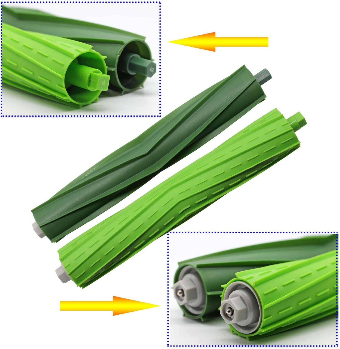 Zielone wałki do odkurzacza ze strzałkami wskazującymi szczegóły części wałka.
