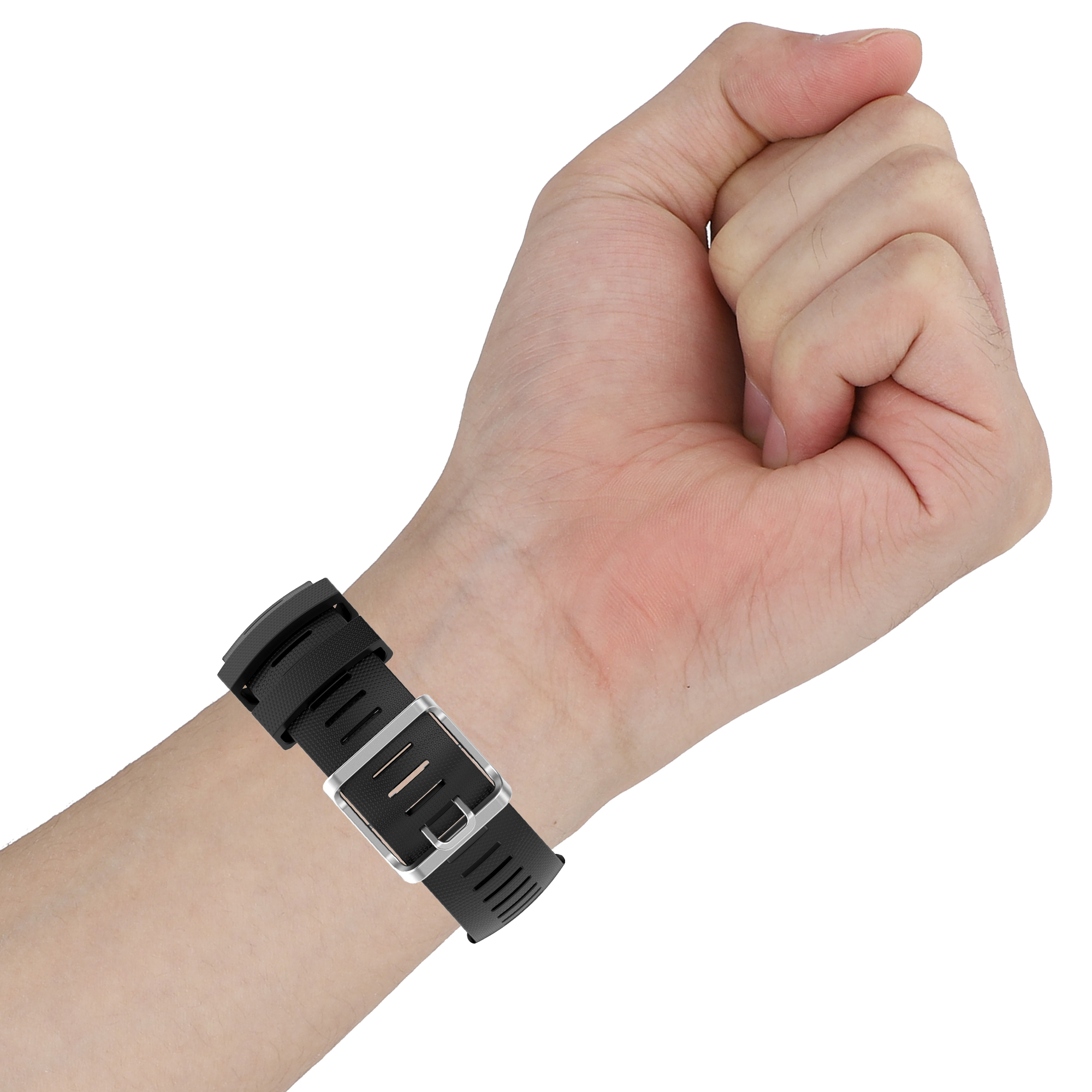 Dłoń z czarnym zegarkiem. Zegarek ma czarny pasek i srebrną klamrę.