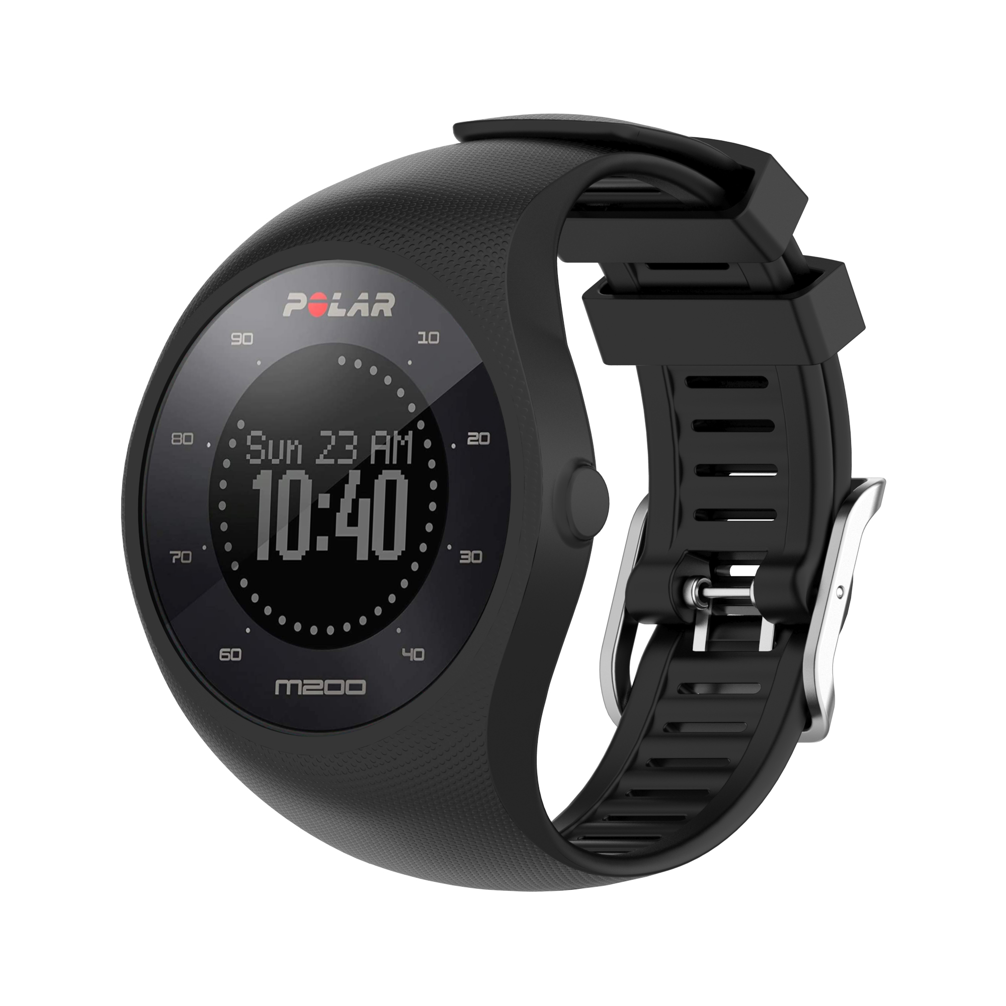 Czarny zegarek Polar M200. Zegarek wyświetla godzinę, datę i ma czarny pasek.