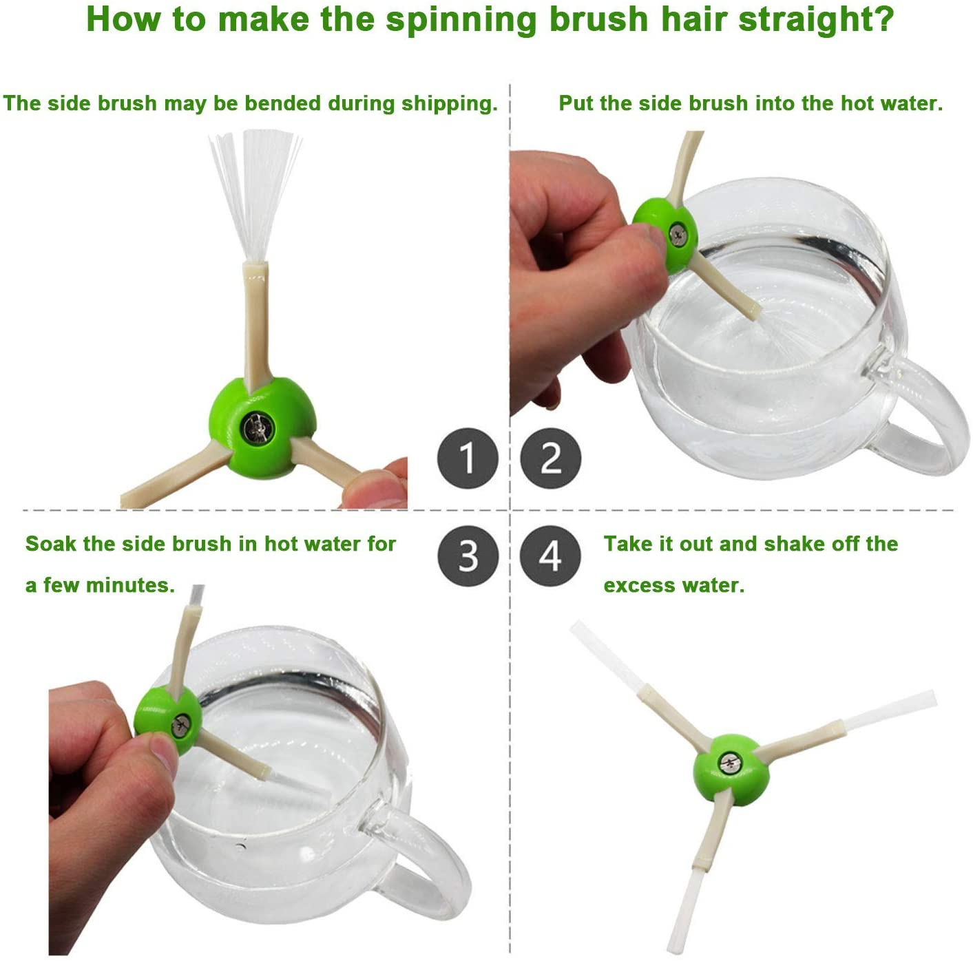 Czteropanelowy obraz instruktażowy pokazujący, jak wyprostować obrotową szczotkę do urządzenia czyszczącego.