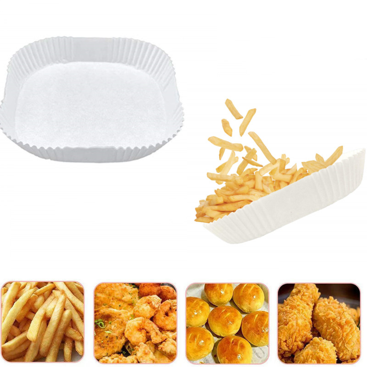 Weißer Papierteller mit Pommes und anderen Speisen. Pommes Frites, Frittiertes und Brötchen. Weißer Hintergrund.