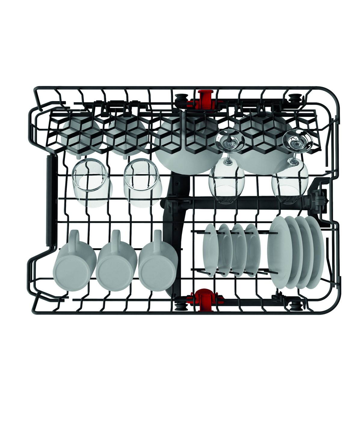 Cesta de lavavajillas con platos, tazas, vasos, fondo blanco.