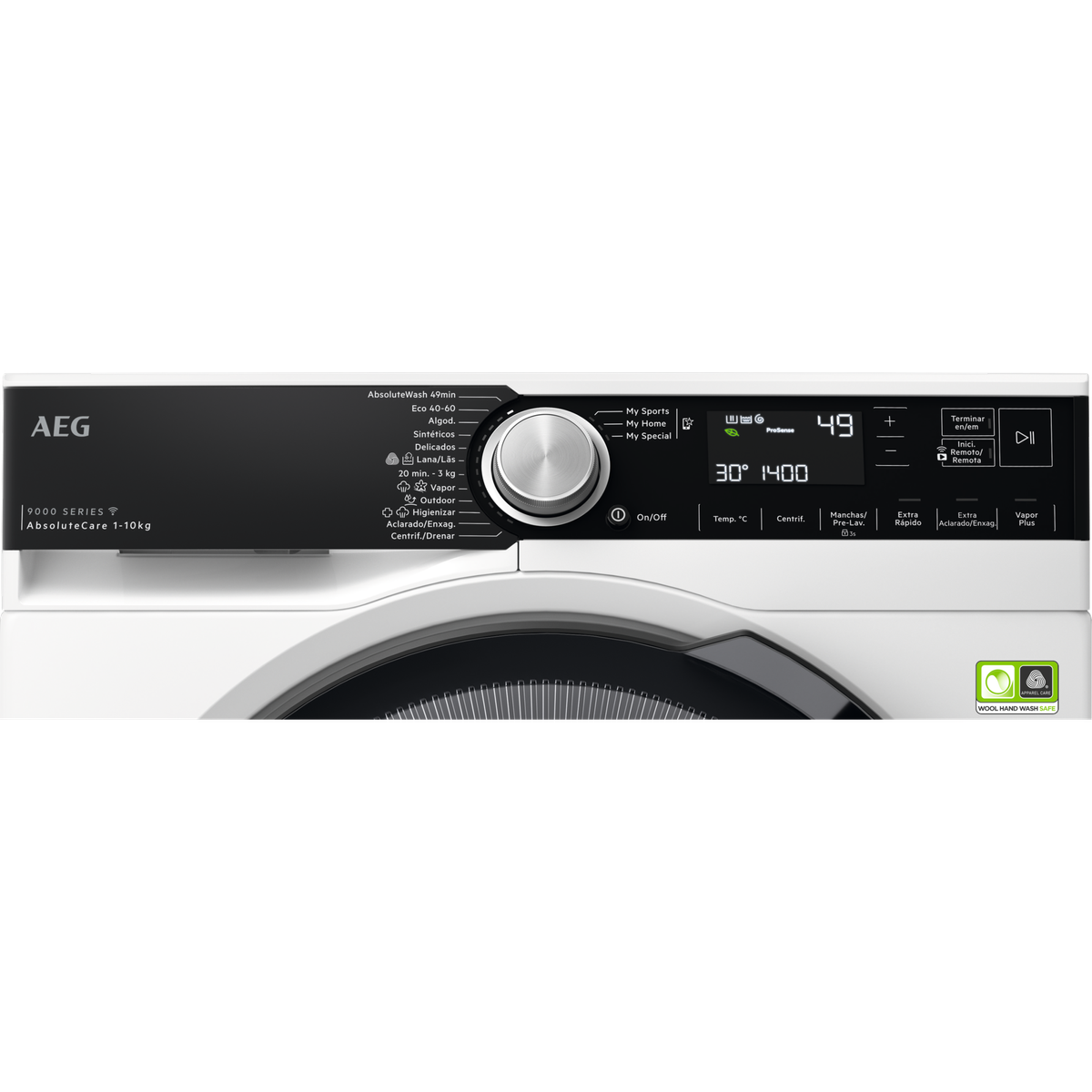 An AEG washing machine, white with a black control panel and digital display.