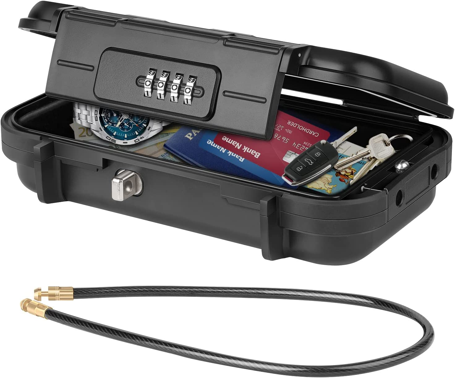 Cassaforte nera con combinazione, contenente oggetti e cavo di sicurezza.