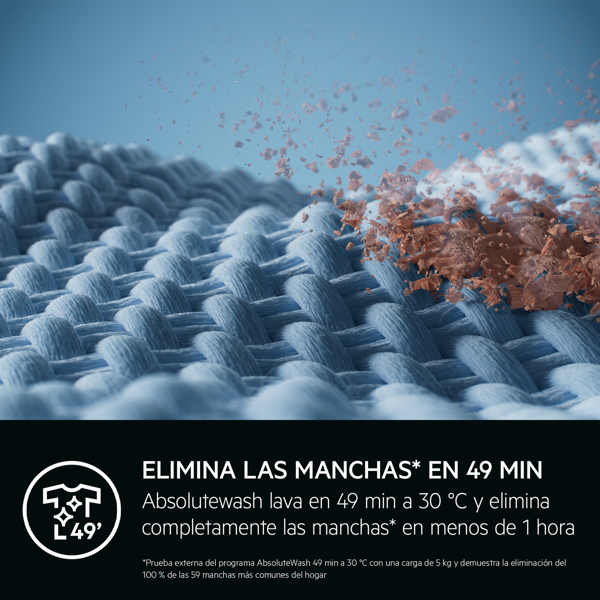 Close-up of fabric with stains being removed. Text reads 'Elimina las manchas en 49 min'.