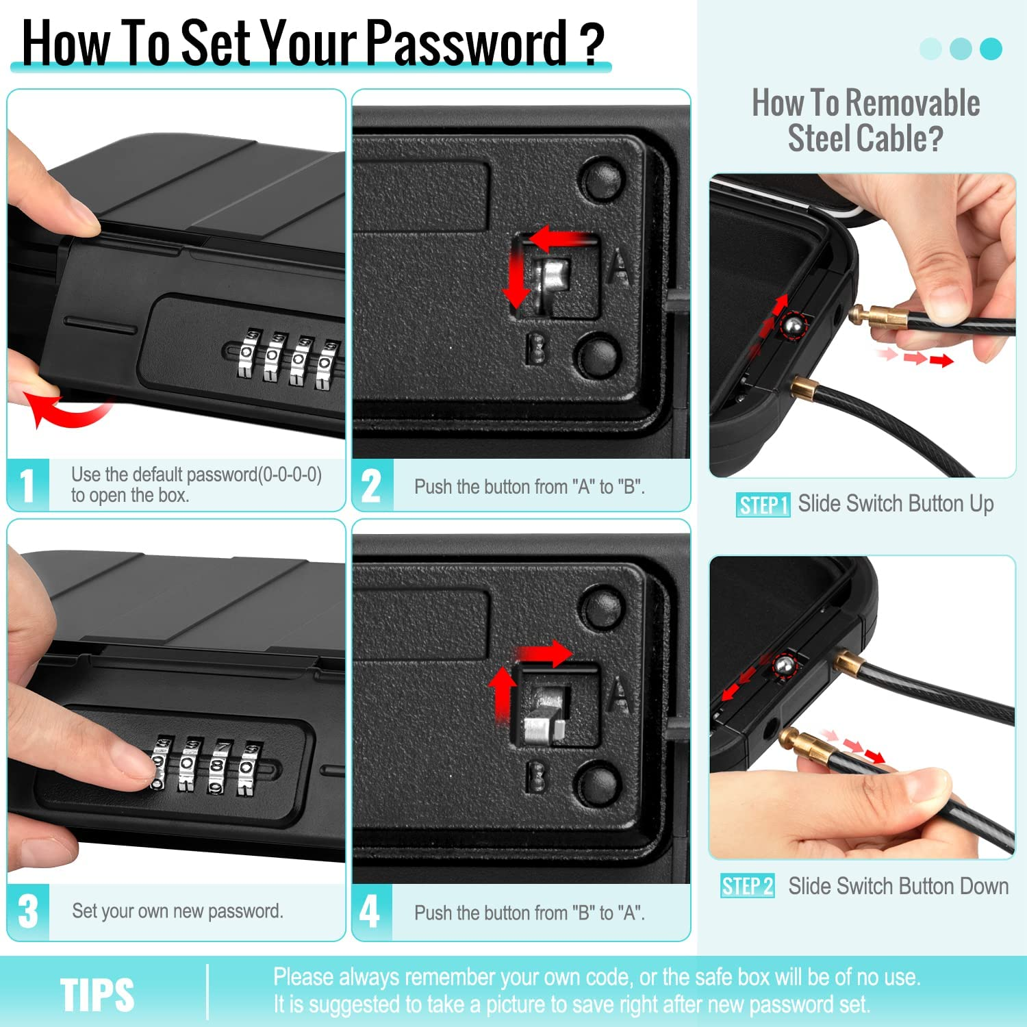 L'immagine mostra i passaggi per impostare una password sicura. Mani interagiscono con i pulsanti della cassaforte.