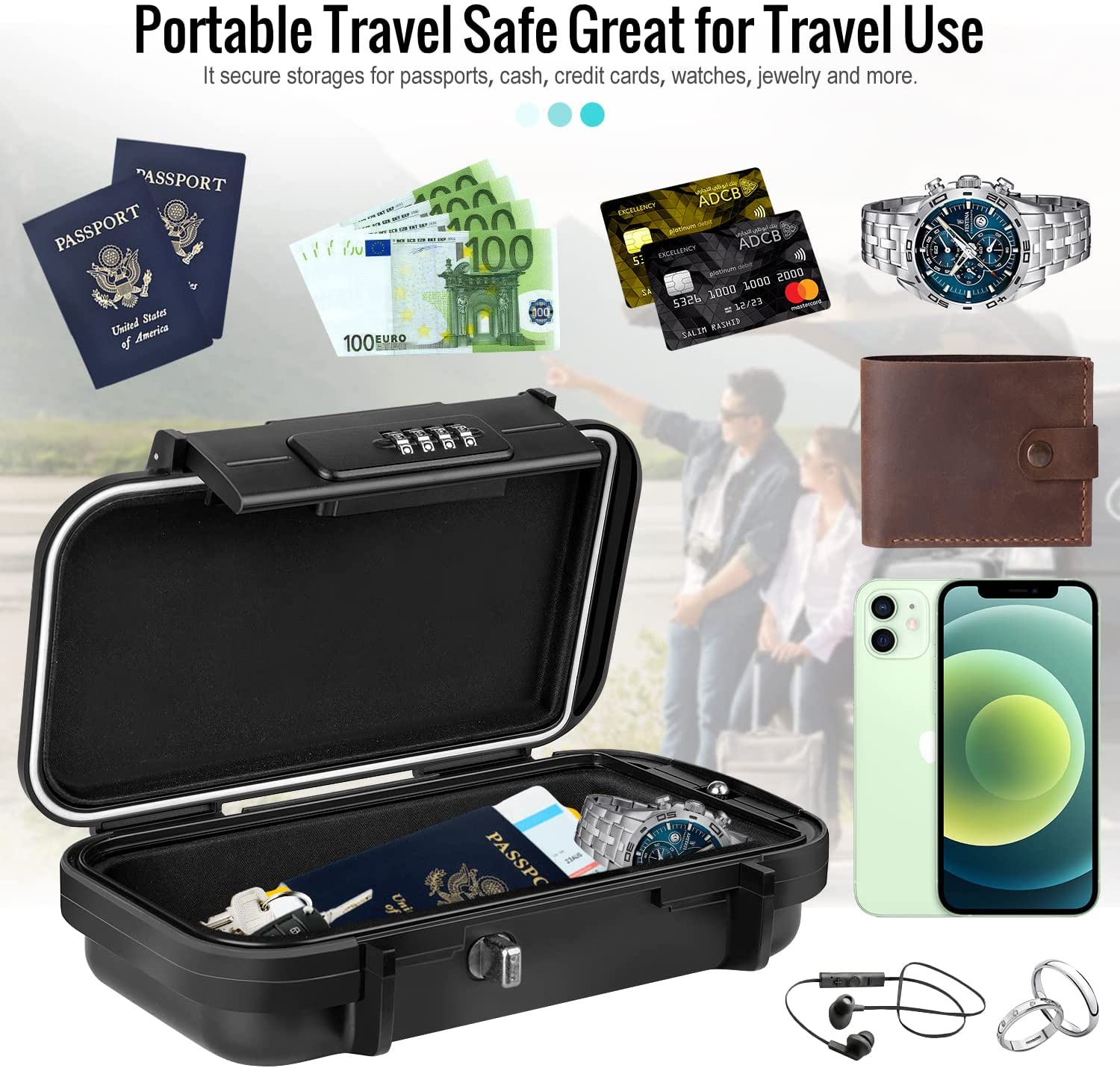 Cassaforte da viaggio nera con: passaporto, contanti, carte, orologio, telefono, portafoglio, orecchini.