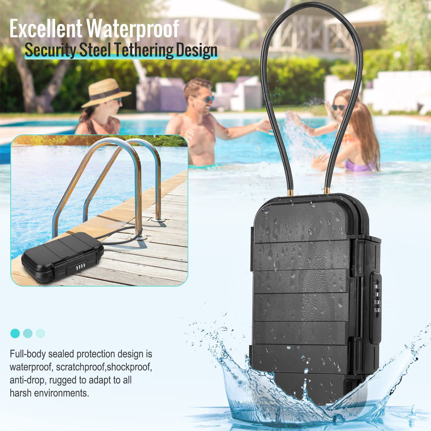 Contenitore nero impermeabile con chiusura. Due persone sullo sfondo, piscina.