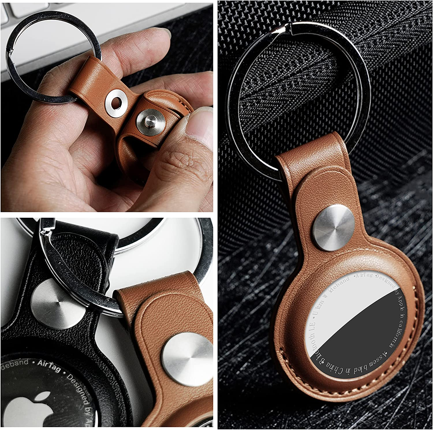 Nahaufnahme von AirTag-Zubehör. Leder-Schlüsselanhänger mit dem Apple-Logo auf der Rückseite.