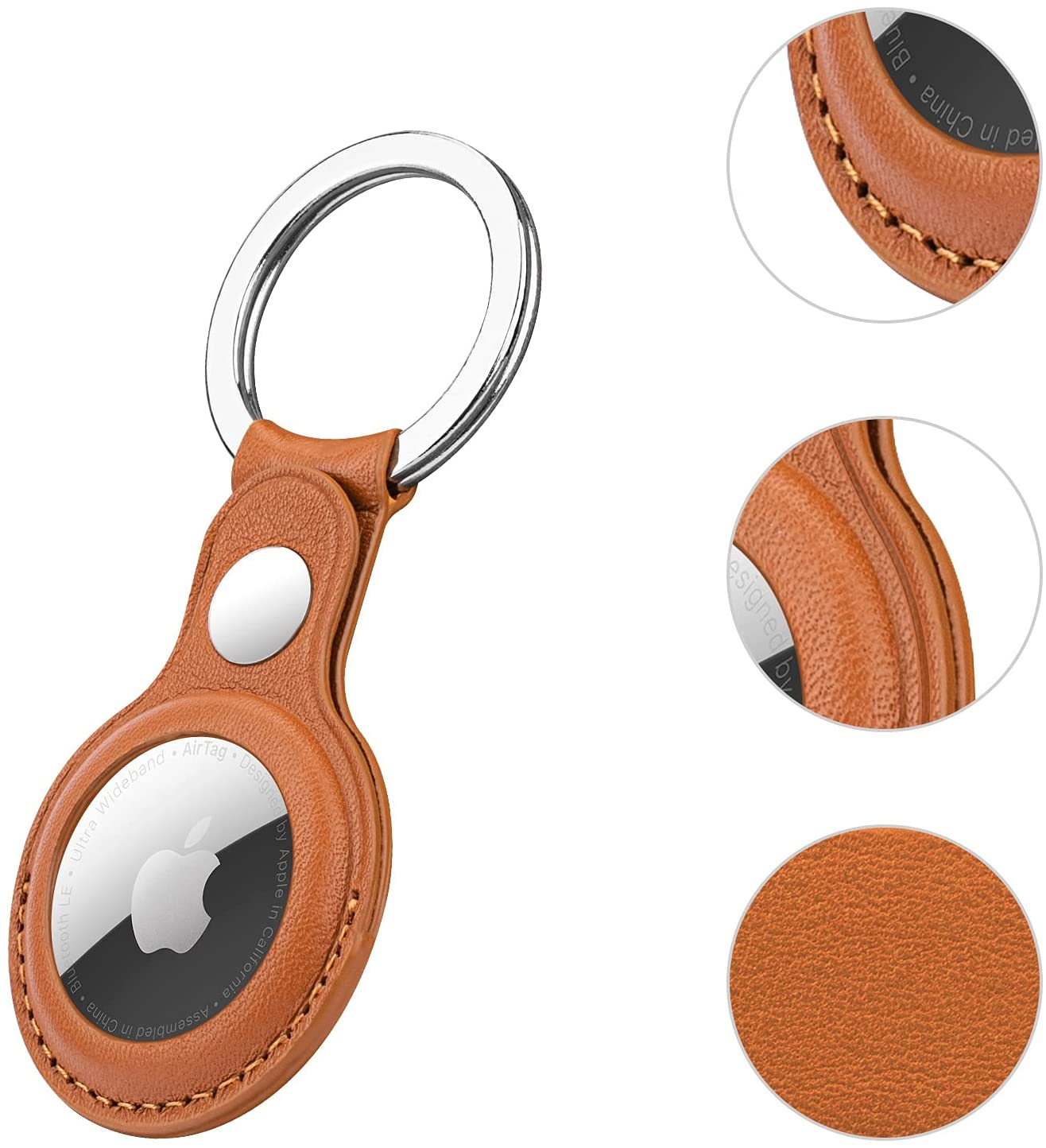 Ein brauner Leder-Apple AirTag-Halter mit silbernem Ring. Mehrere Details in Nahaufnahme gezeigt.