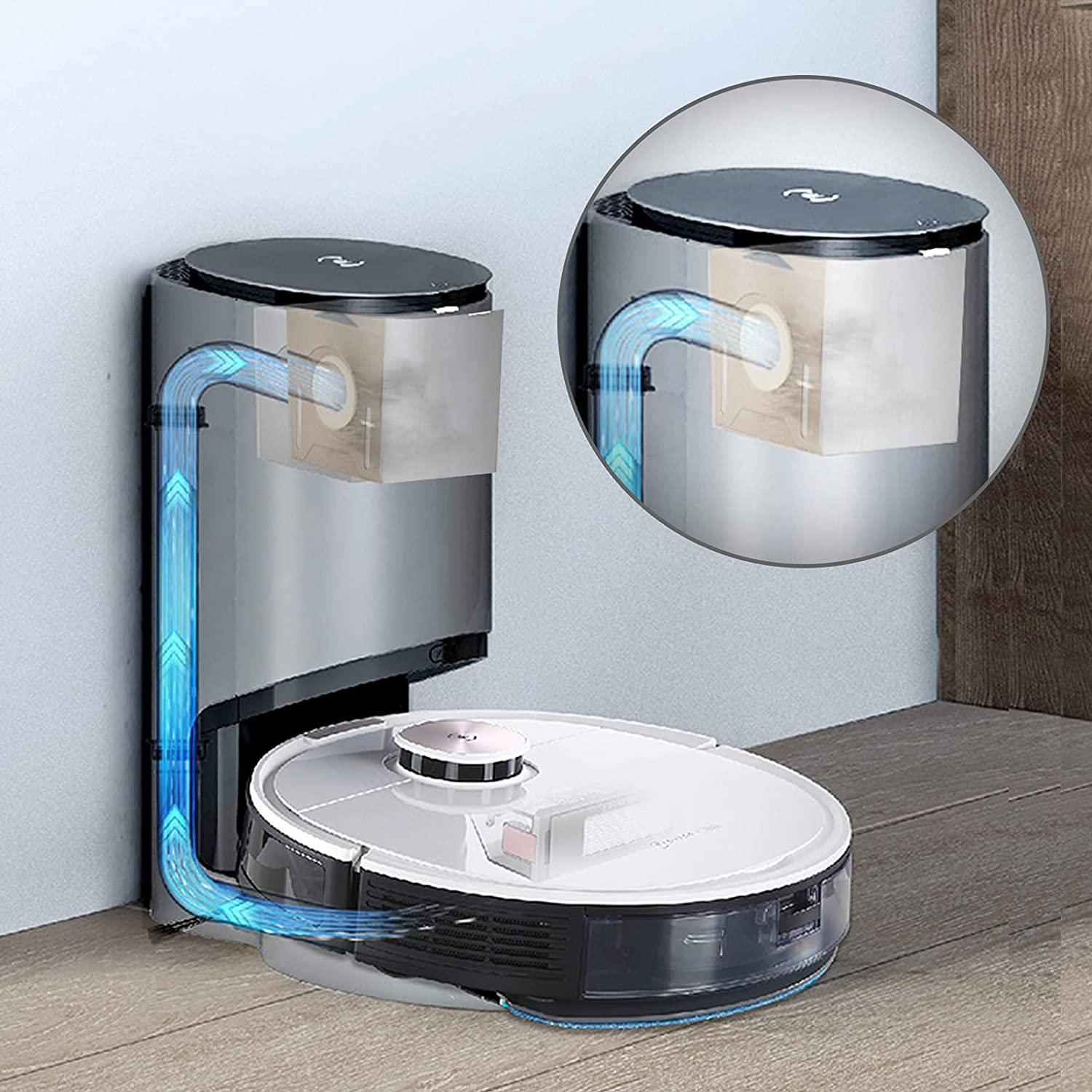 Robotstofzuiger in een hoek, met een oplaadstation en een close-up van de stofzak.