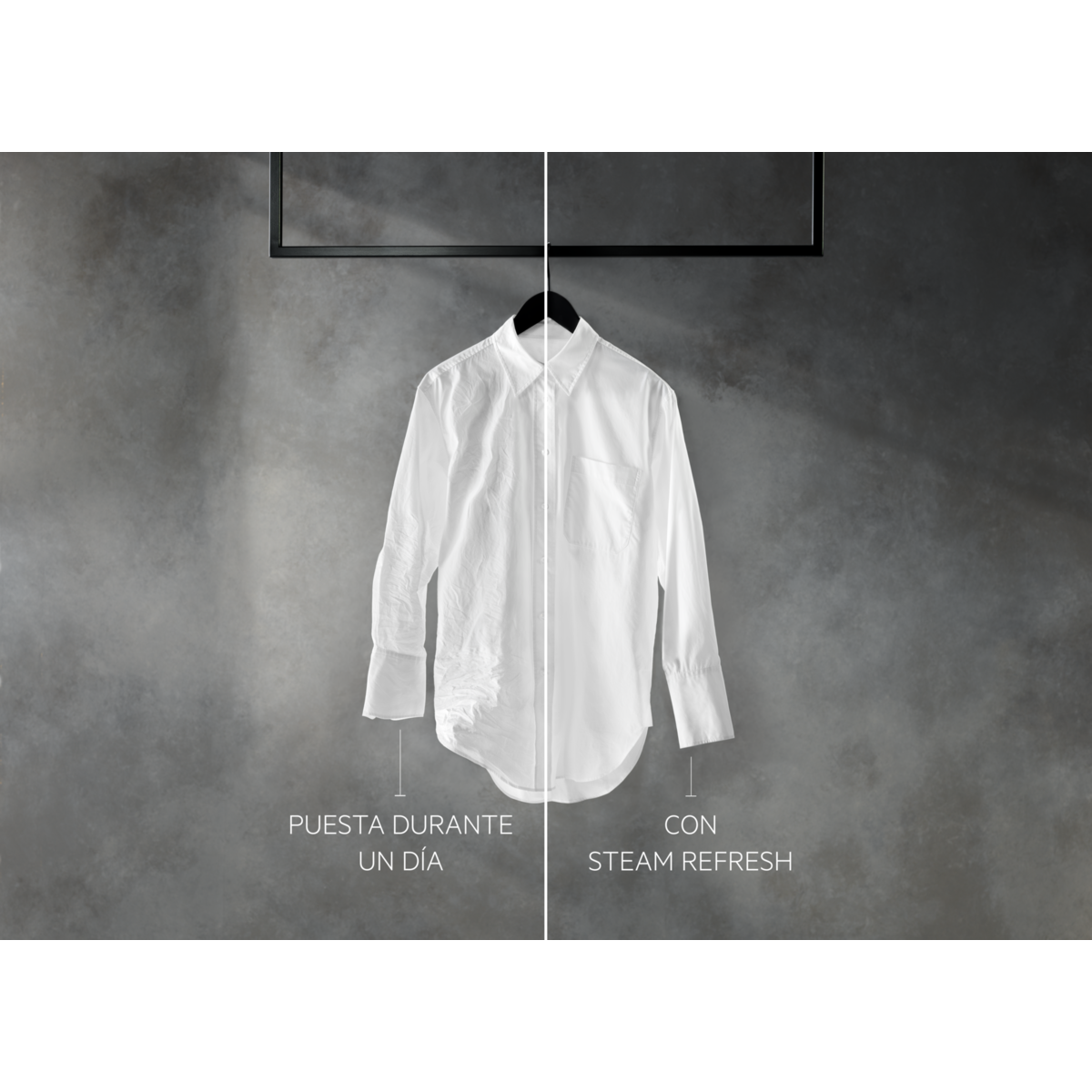 Biała koszula przed i po Steam Refresh. Przed: pomarszczona. Po: gładka i czysta.