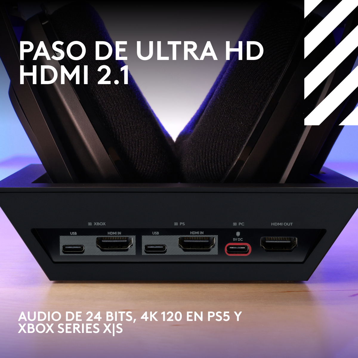 Czarne urządzenie z portami wejściowymi. Tekst na nim brzmi: 'PASO DE ULTRA HD HDMI 2.1' i 'AUDIO DE 24 BITS'.