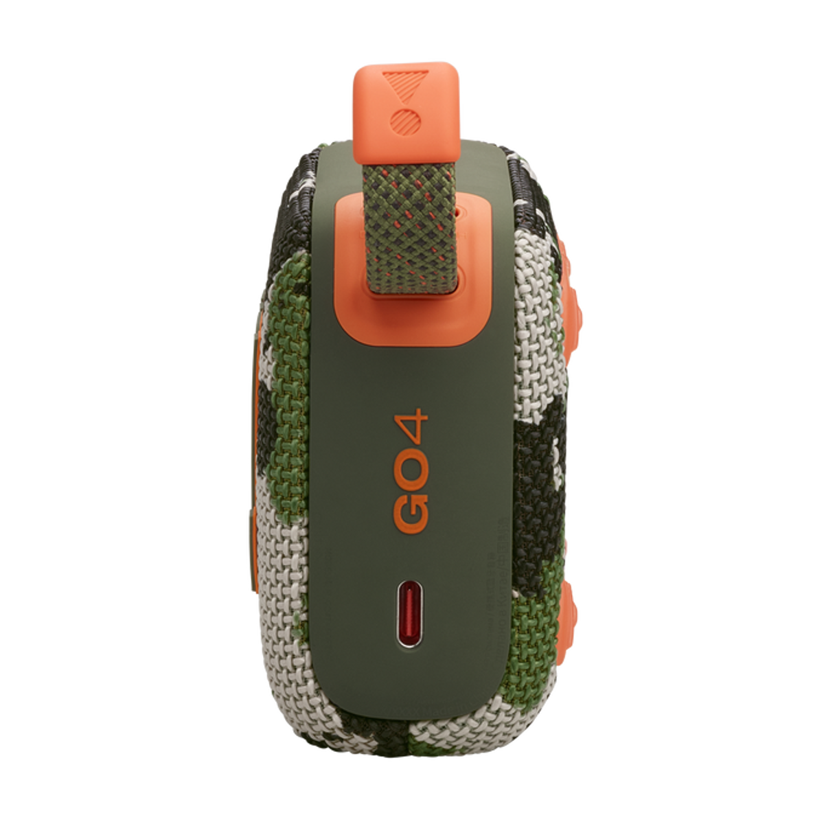 Altavoz JBL GO4, vista lateral, con patrón de camuflaje, correa naranja y botones.