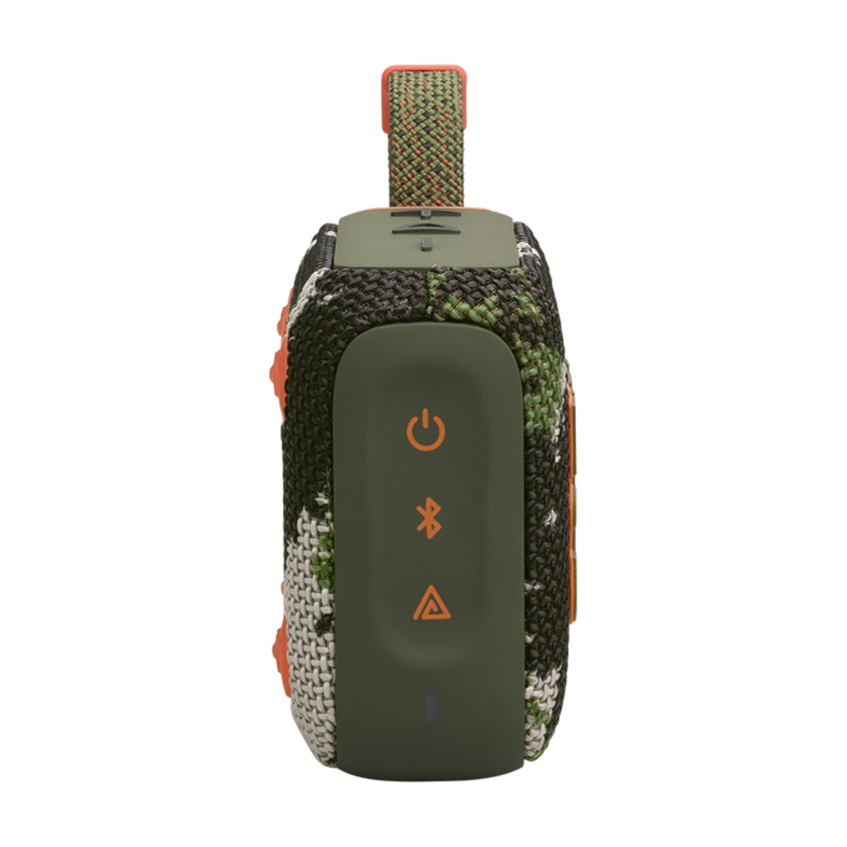 Altavoz camuflado con detalles y correa naranja. Botones de encendido, Bluetooth y volumen.
