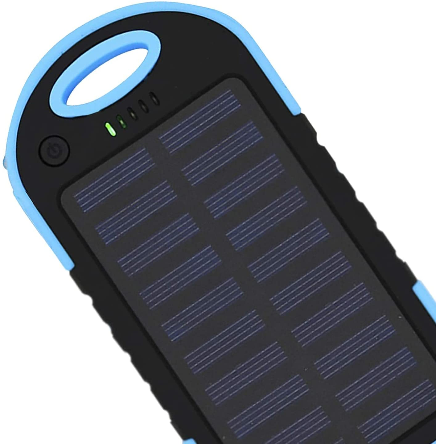 Eine schwarz-blaue Powerbank mit Solarpanel.
