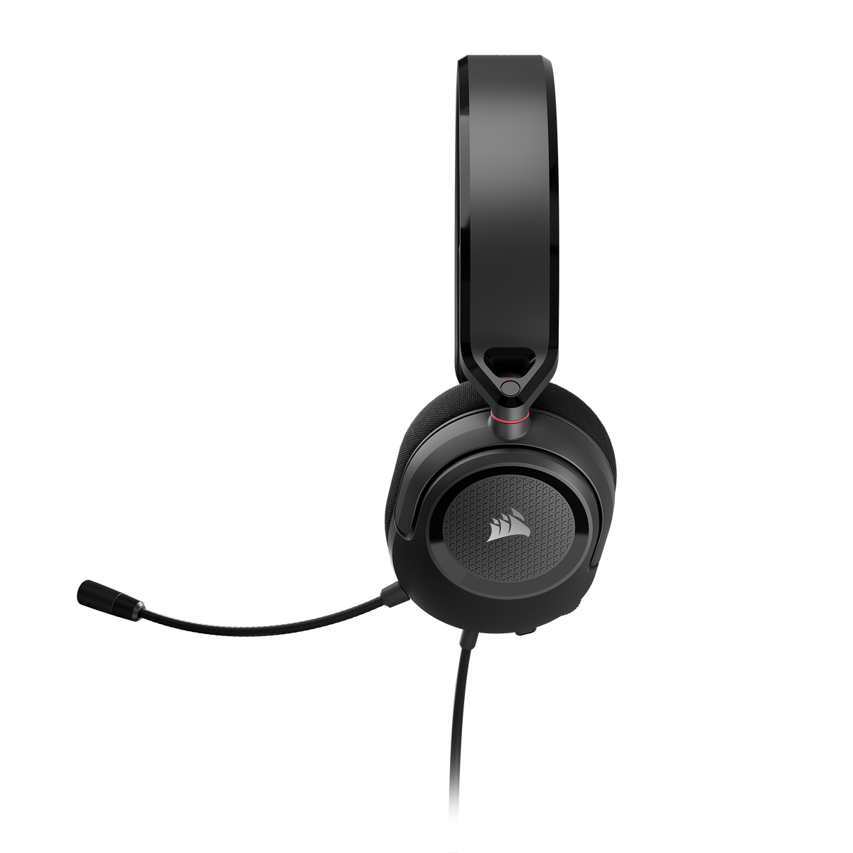Schwarzes Corsair-Headset mit Mikrofon vor einfarbig schwarzem Hintergrund.