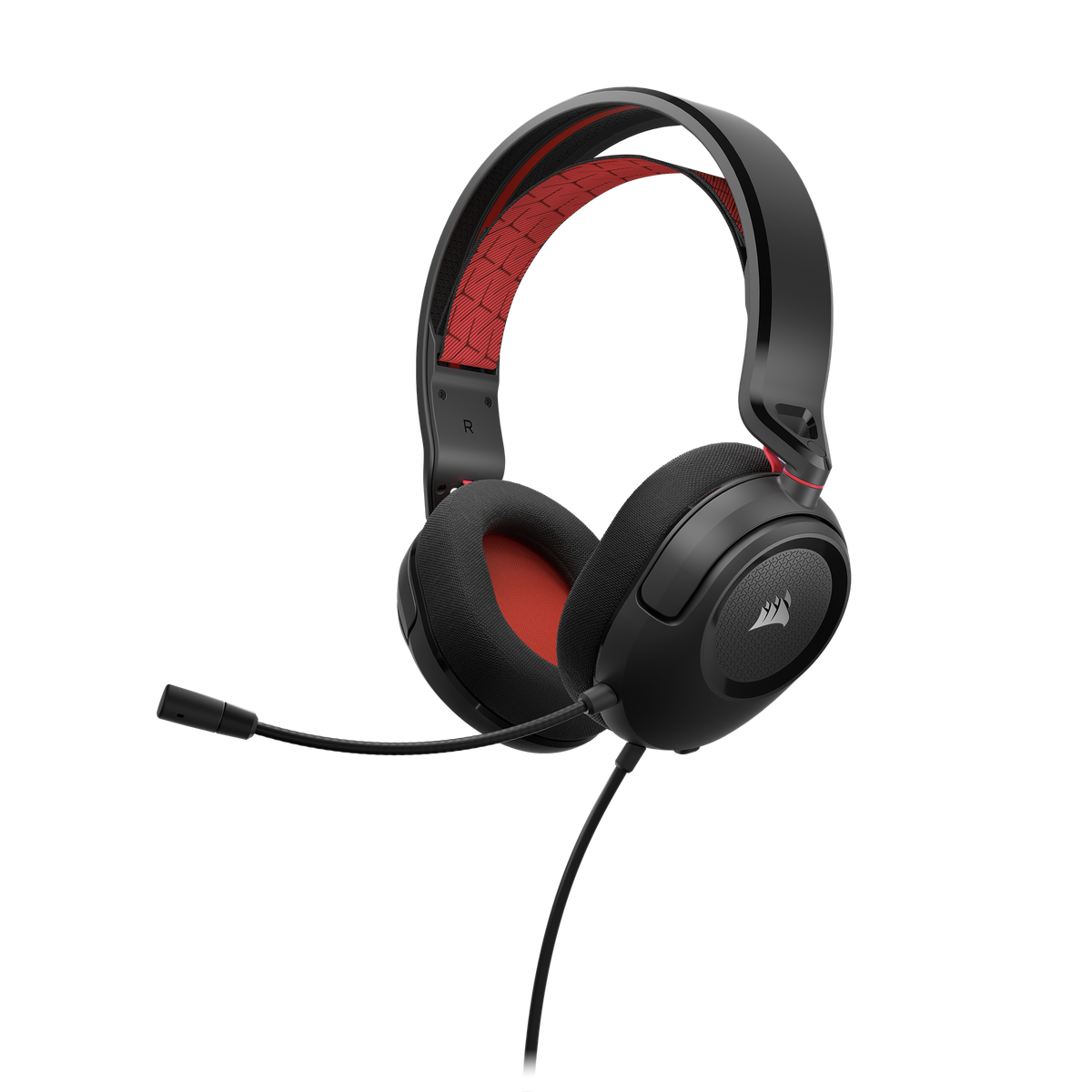 Schwarzes und rotes Gaming-Headset mit Mikrofon. Das Headset befindet sich auf dunklem Hintergrund.
