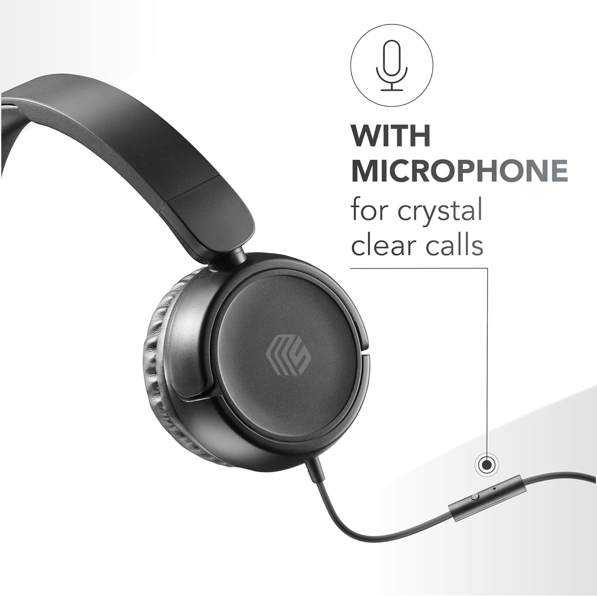 Cuffie nere con microfono, cavo e testo: 'WITH MICROPHONE'.