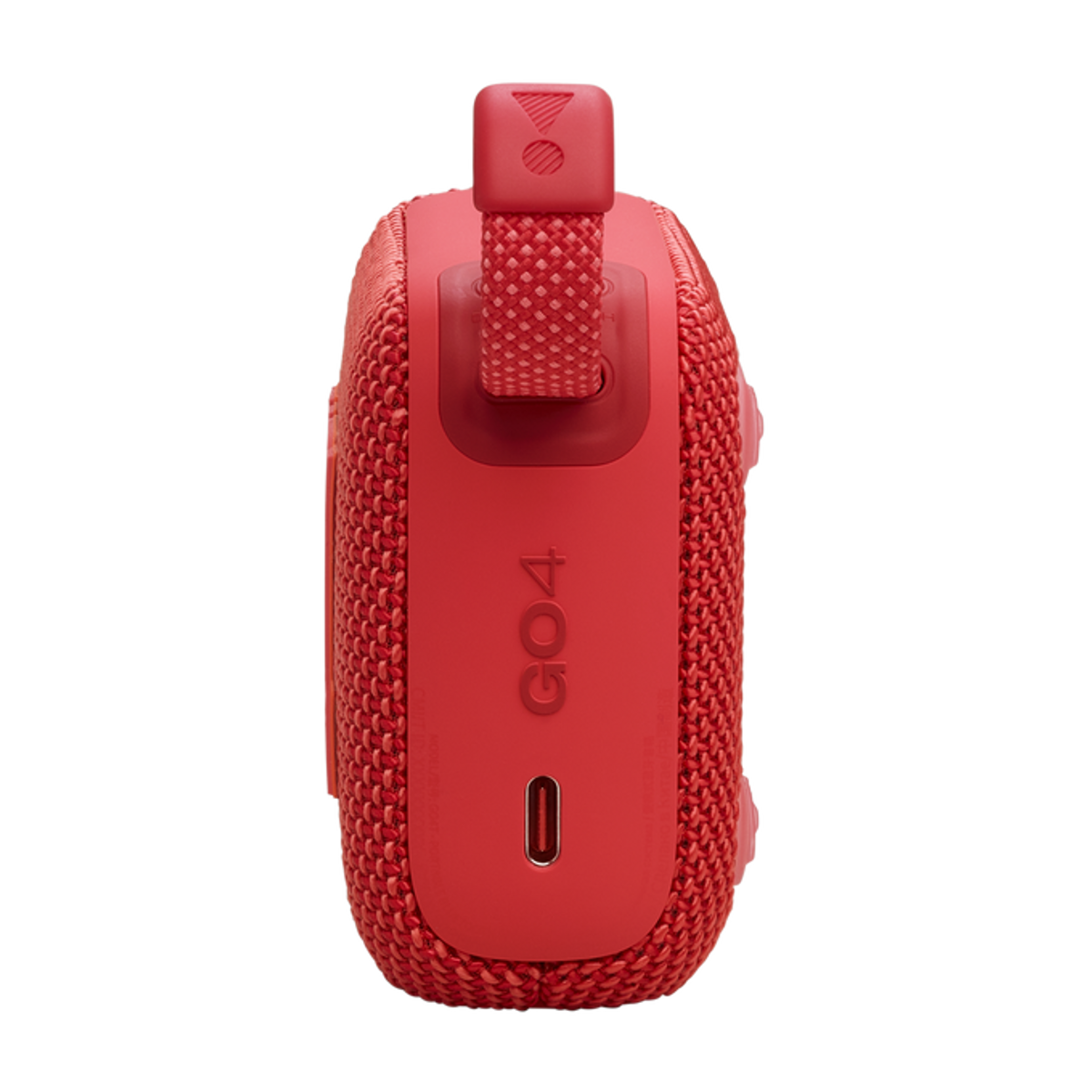 Czerwony głośnik JBL Go4, prostokątny, z czerwonym paskiem i portem USB-C.