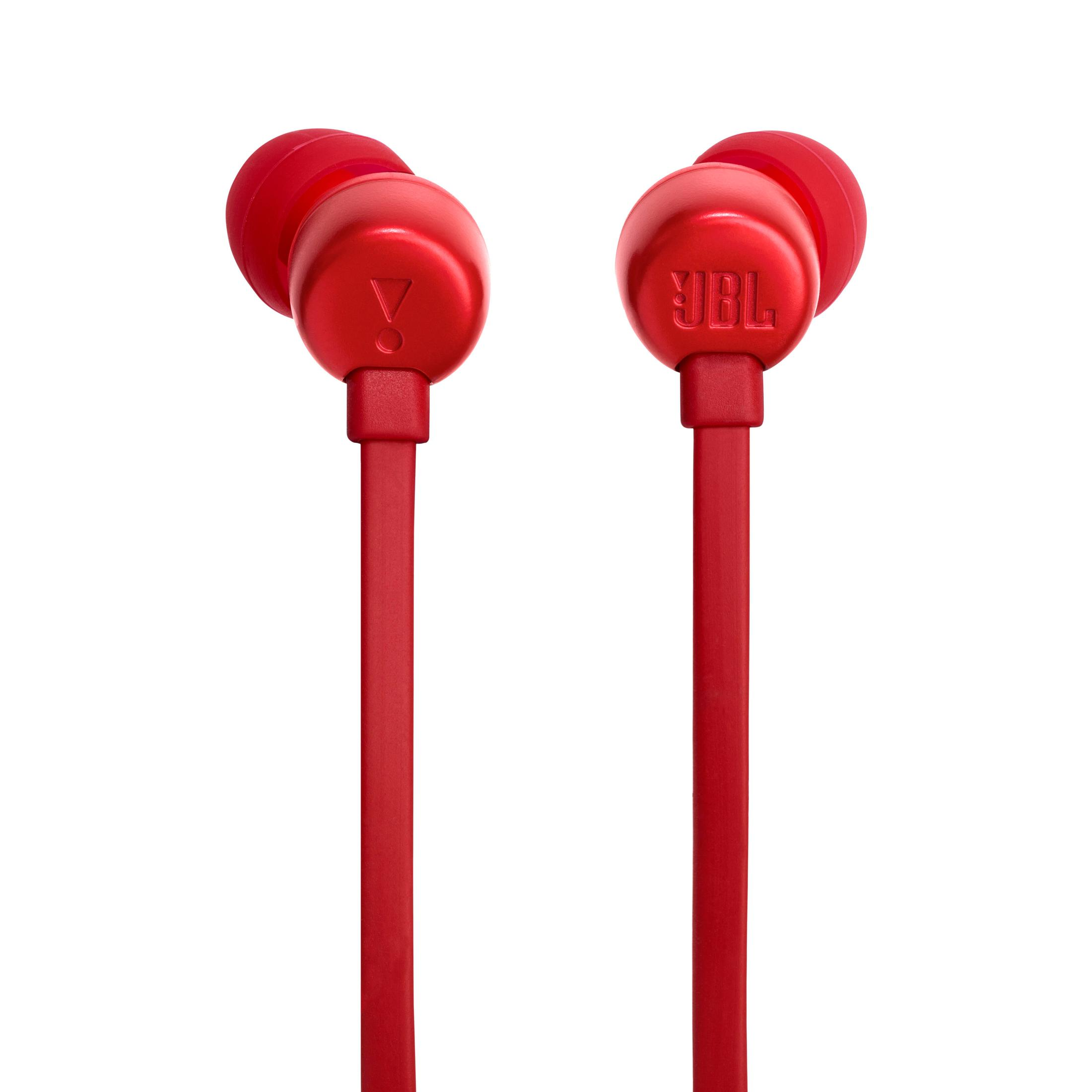 Paar rote JBL-Ohrhörer mit weißem Hintergrund.