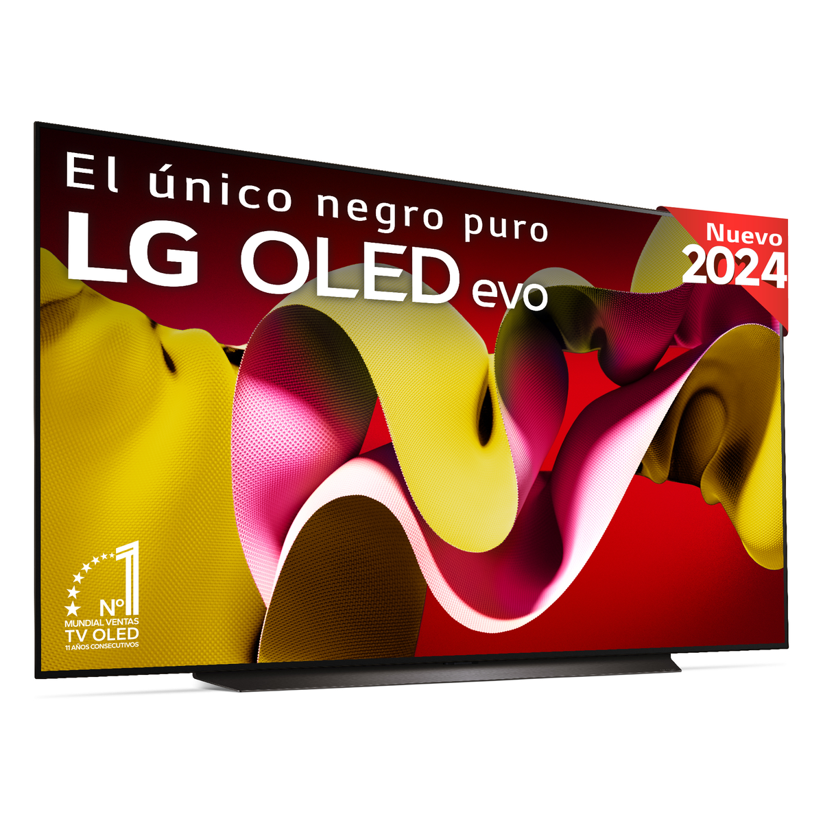 TV LG OLED evo, negro con diseño curvo, con fondo abstracto colorido y texto 'Nuevo 2024'.