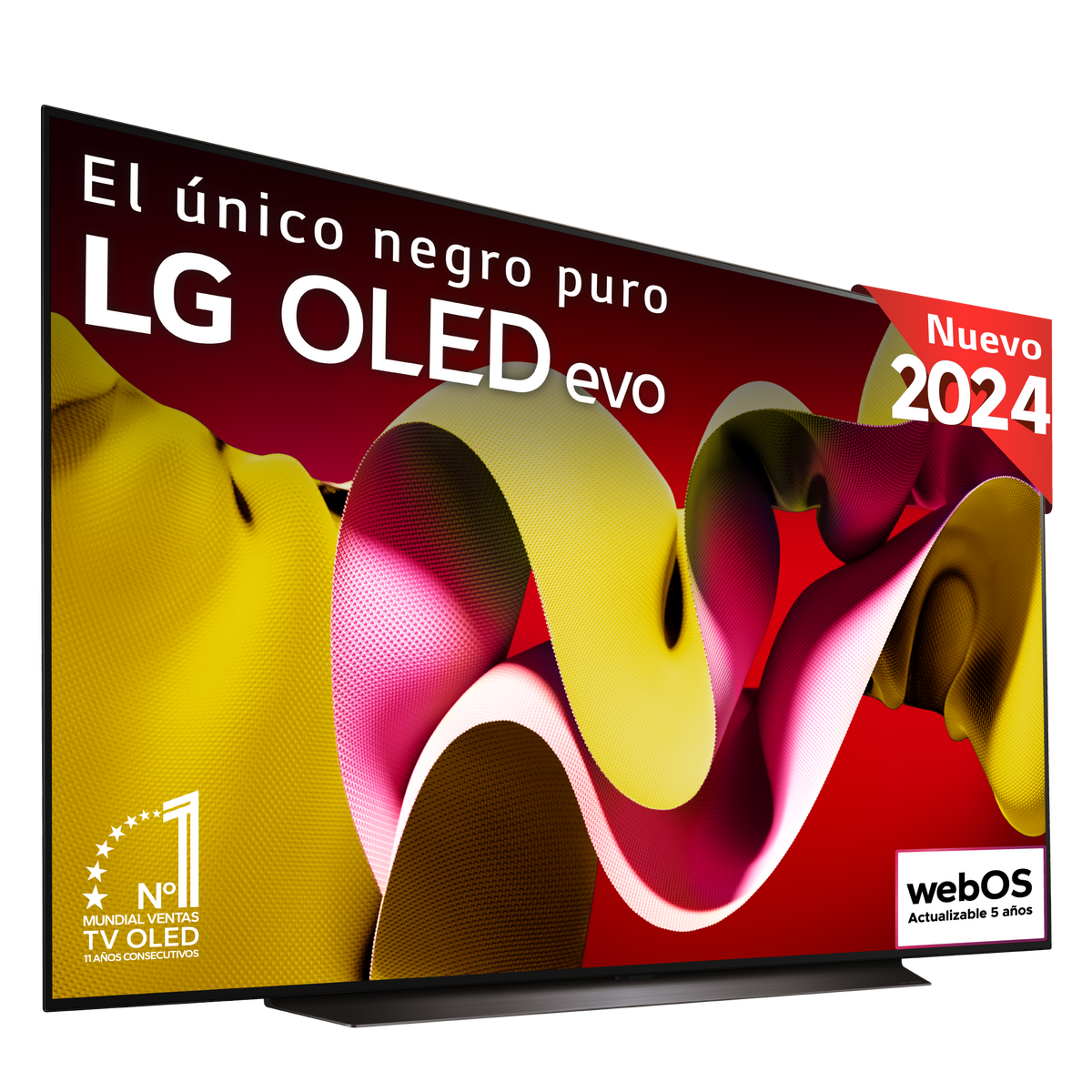 Televisor con diseño rojo y amarillo, con el texto 'LG OLED evo'.