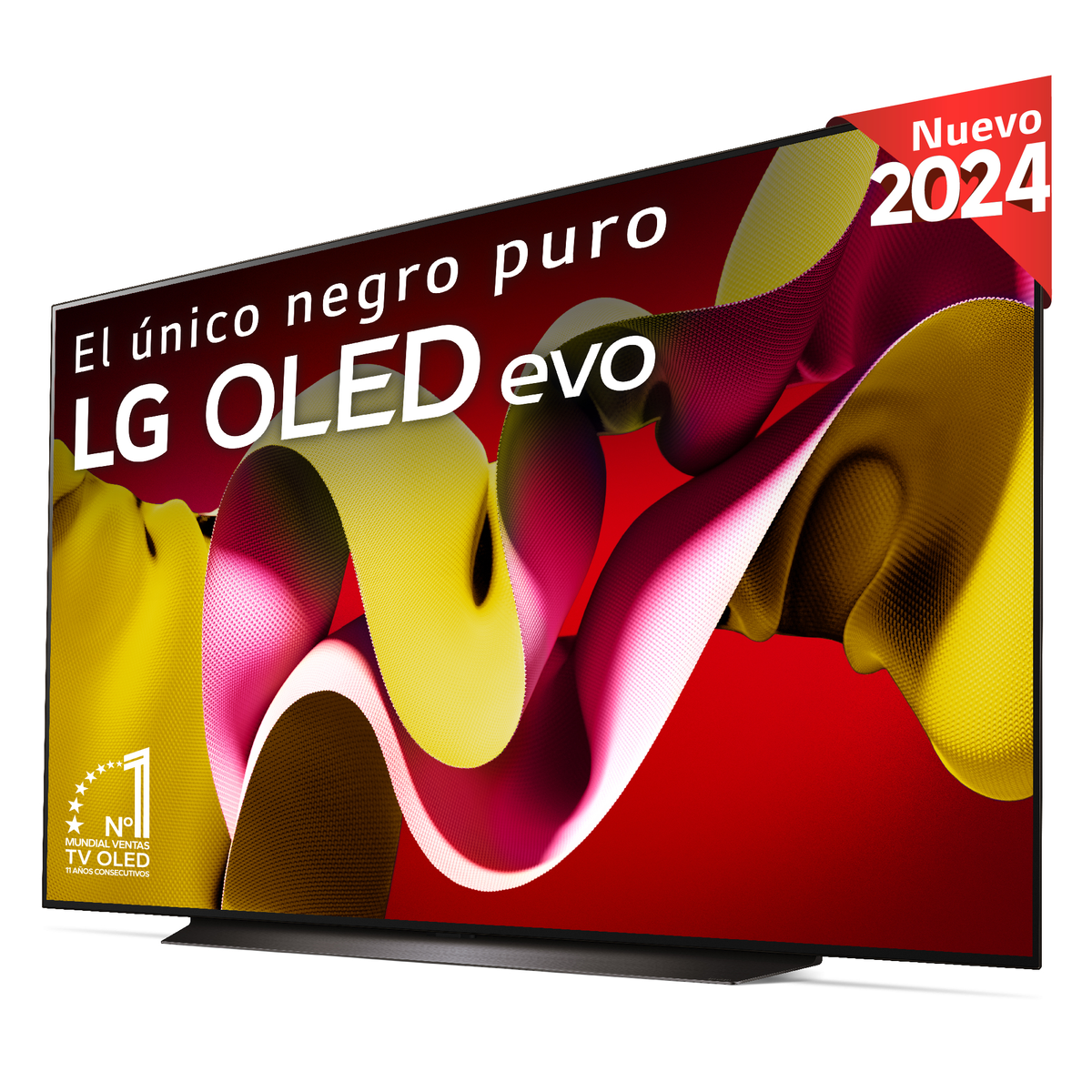 TV LG OLED Evo, marco negro, mostrando formas abstractas coloridas sobre fondo rojo.