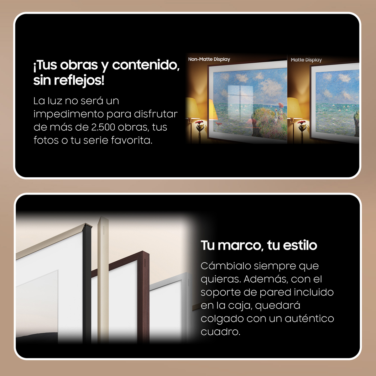 Dwa oprawione dzieła sztuki, matowe i niematowe, z tekstem.