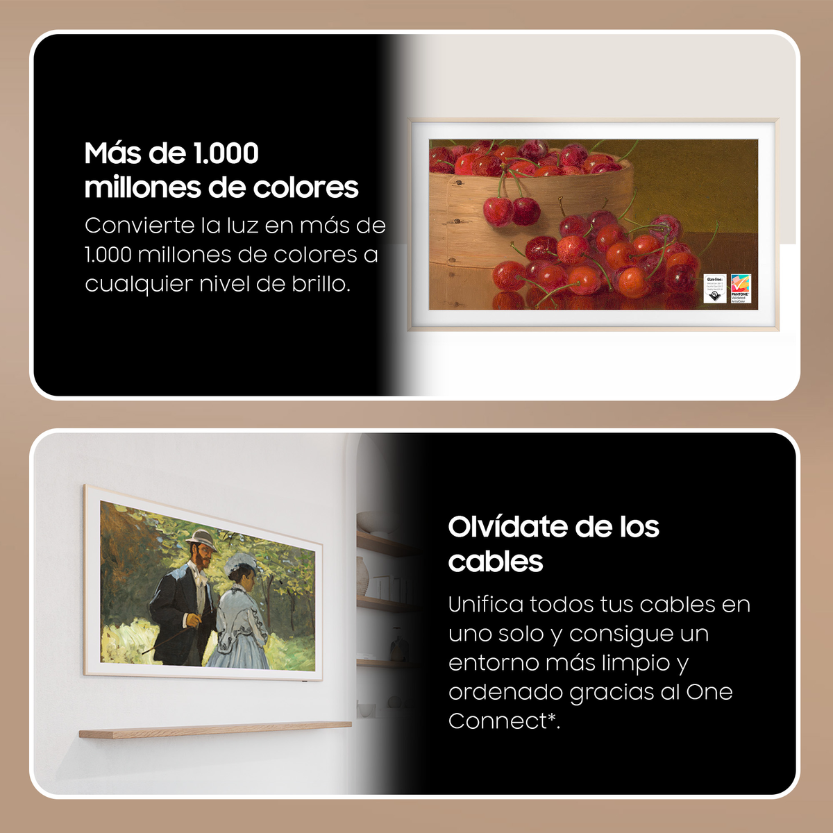 Dwa obrazy przedstawiające telewizor Samsung Frame wyświetlający sztukę. Telewizor ma ramkę i jest na ścianie.